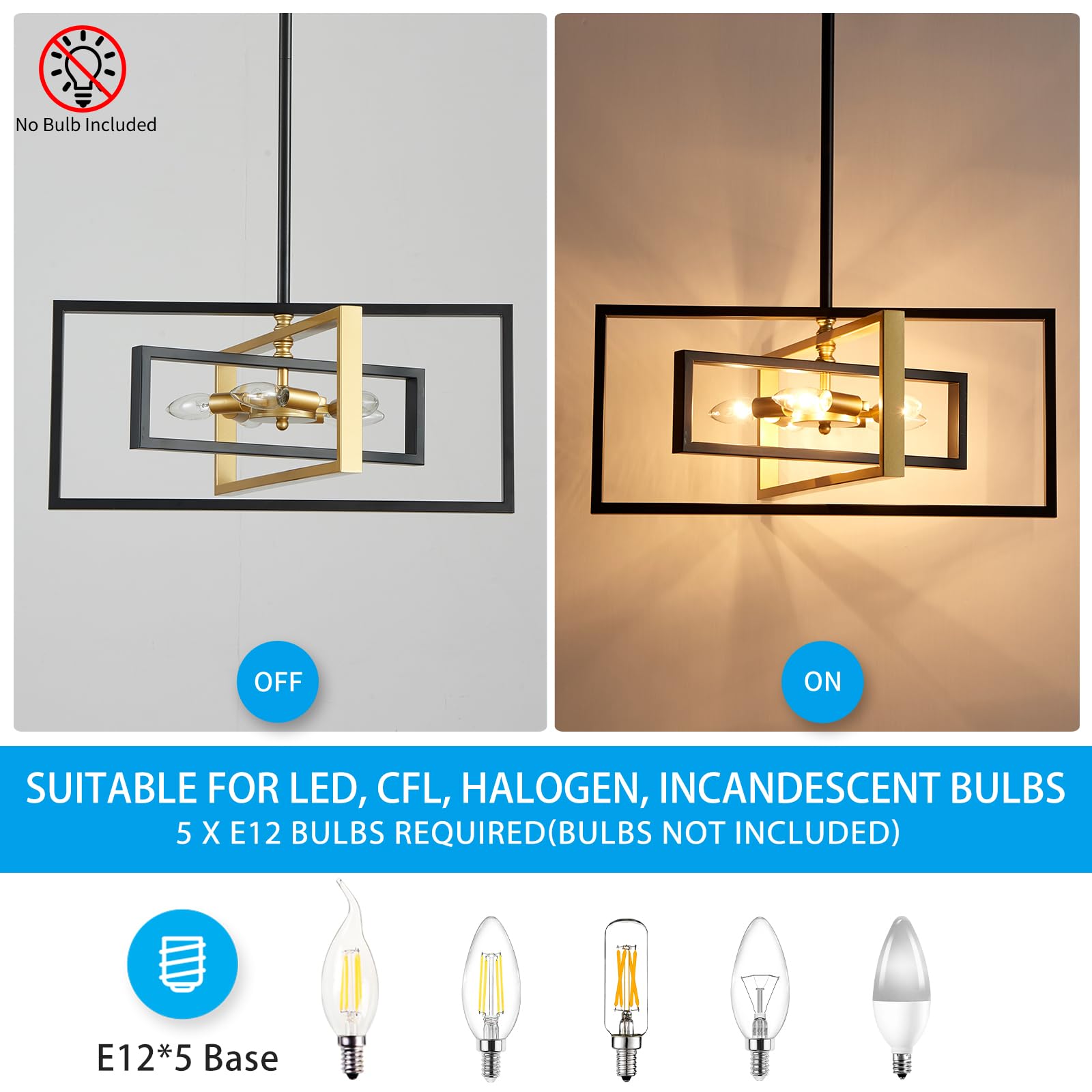 Xingqi Modern 5 Lights Chandelier Black And Gold Geometric Pendant Light Fixture 22'' Semi Flush Mount Ceiling Lights For Dining