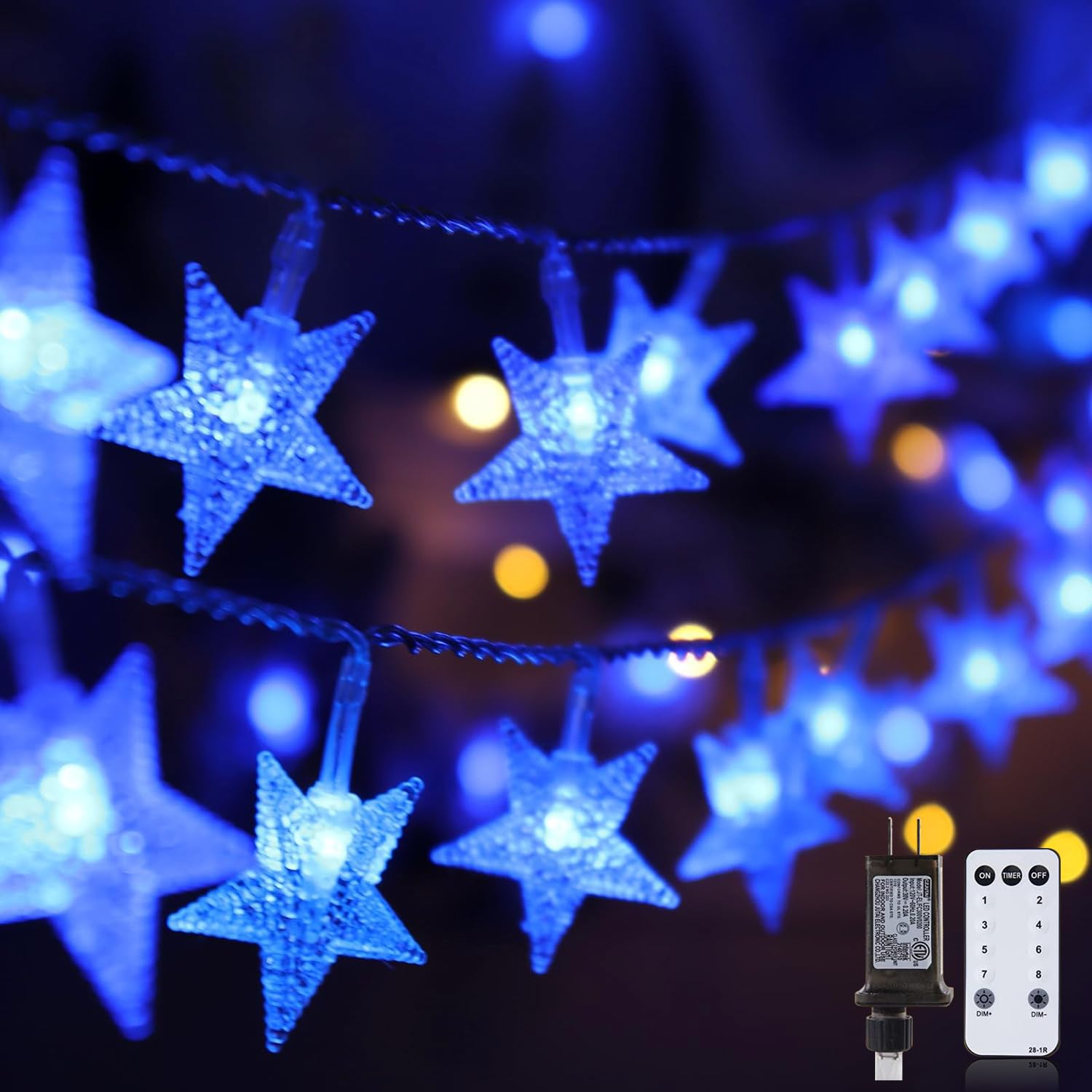 Minetom String Lights - 33 ft, 100 LED, Blue and White Star, Waterproof, Remote & Timer, 8 Modes for Tent, Patio, Balcony, Staircase