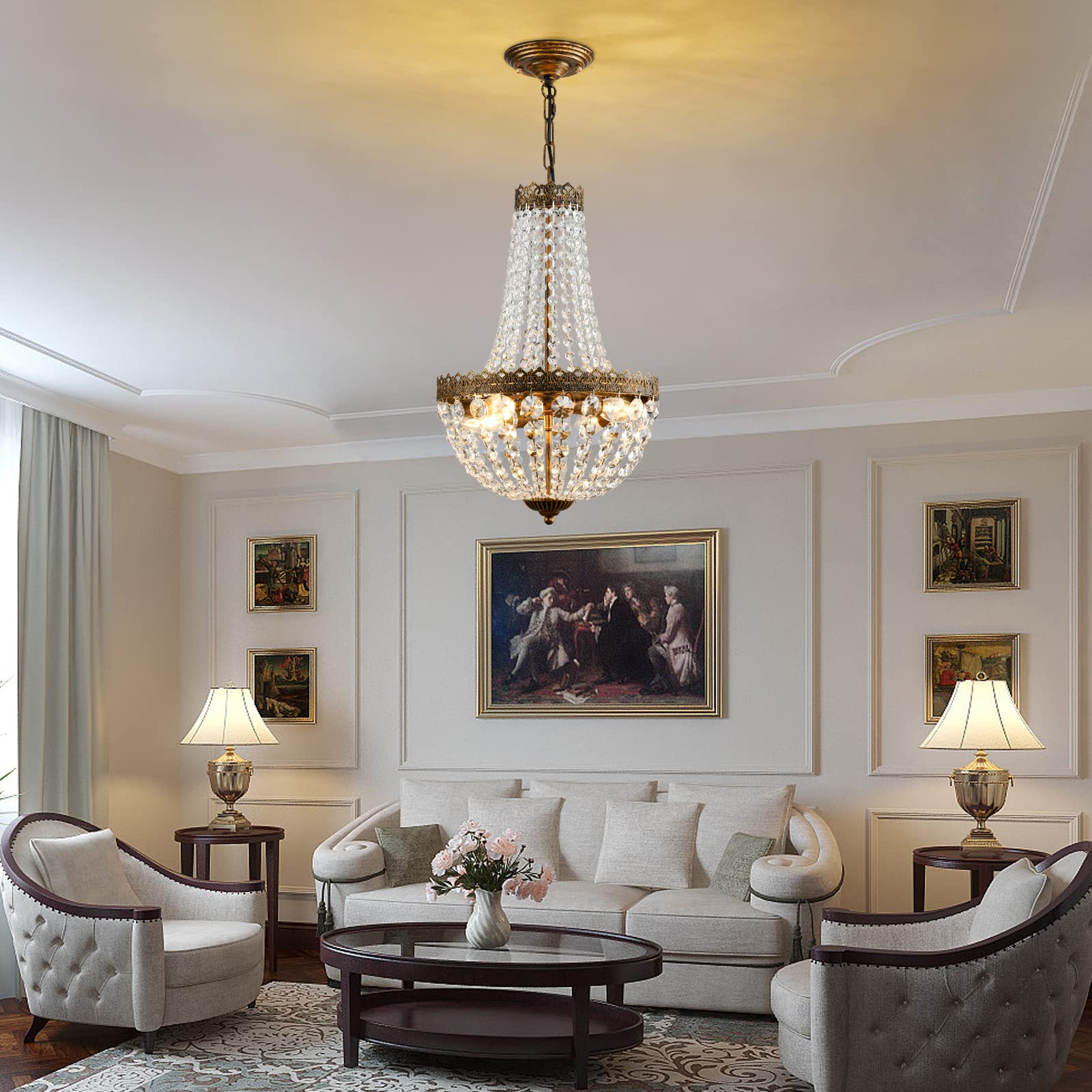 KAIQI Mini Crystal Chandelier, Bronze Metal Pendant Light, 19.7"H x 12.6"W, Ideal for Dining Room, Bedroom, Foyer, Model 8019/4