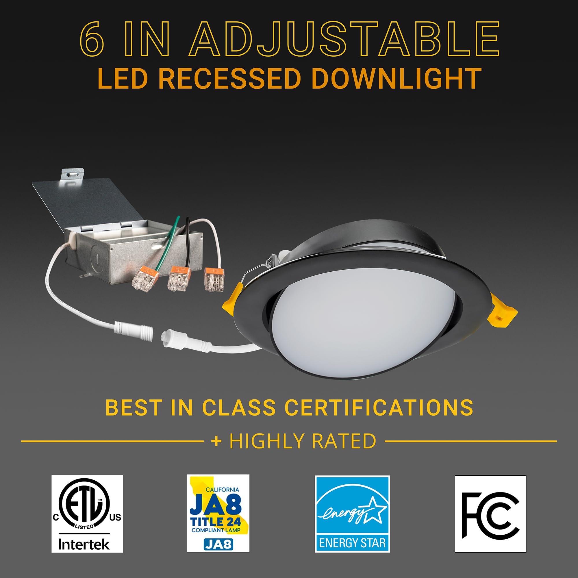 Nuwatt 6 Inch Black Gimbal Led Recessed Lighting Canless Wafer Lights, 5Cct 2700K/3000K/3500K/4000K/5000K, Dimmable, 1050Lm, 12W