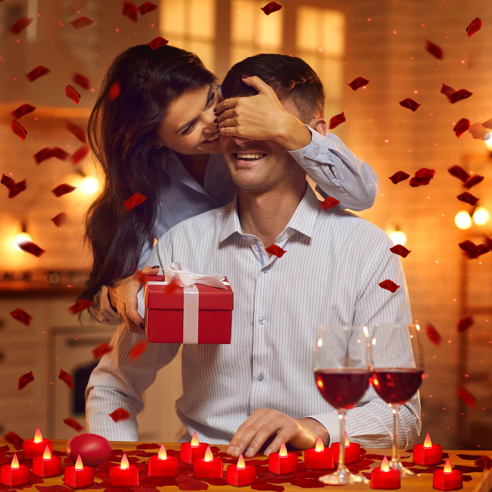 Vihose 4000 Pcs Artificial Rose Petals With 24 Pcs Led Tea Lights Candles Flameless Led Candles Fake Rose Petals For Valentine'S Night Proposal Wedding(Red Light, Red Petals)