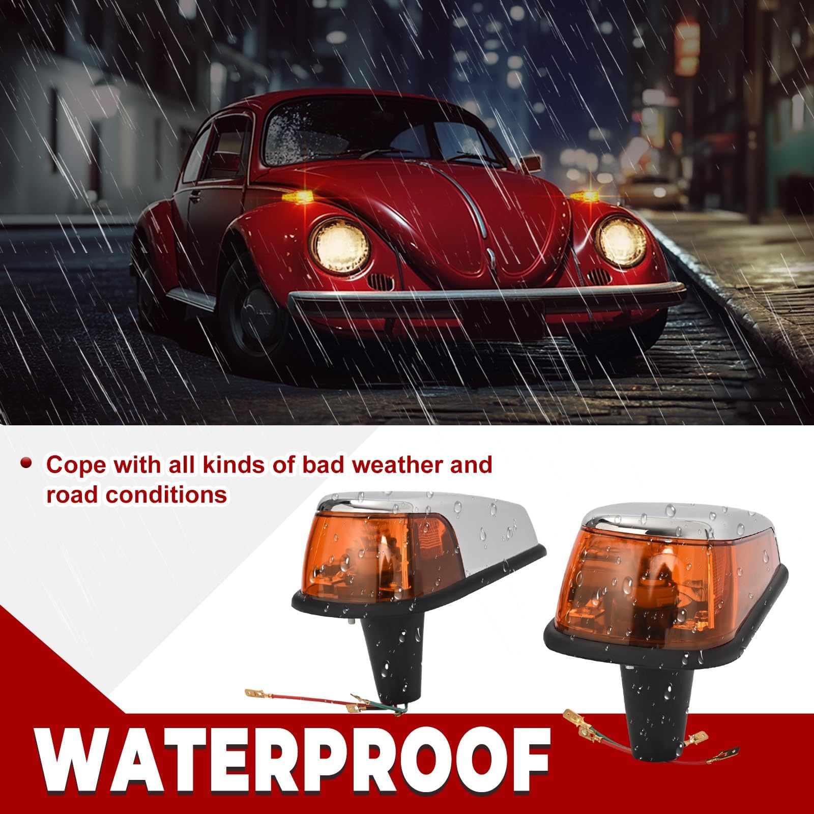 HECASA Turn Signal Light Assembly for 1970-1979 VW Bug, Amber Lens, Pair, Plastic, Model MO-4974, Right & Left Side