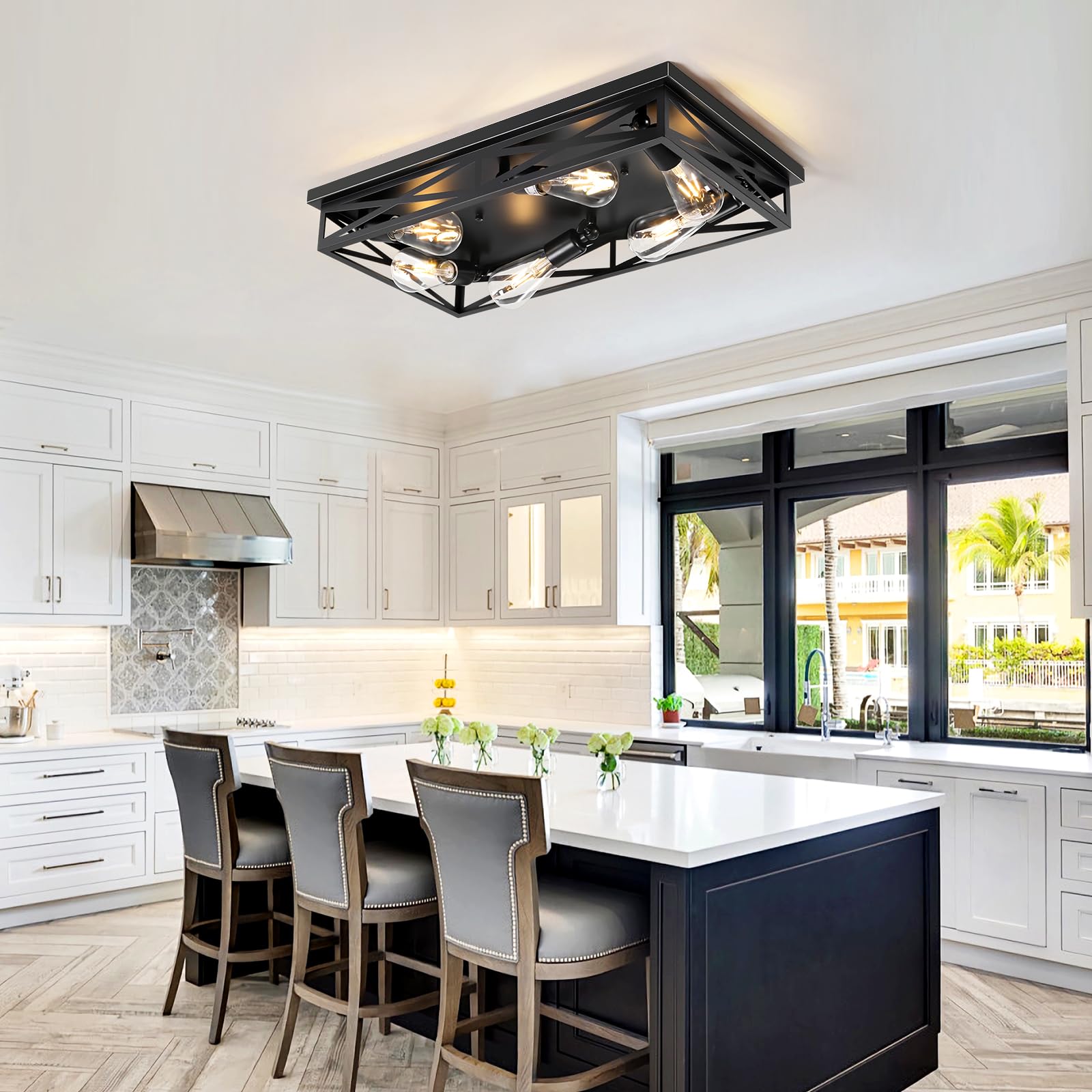 DIKAIDA 6-Light Flush Mount Ceiling Light Fixture, Black Metal Cage, 23in for Kitchen, Hallway, Entryway