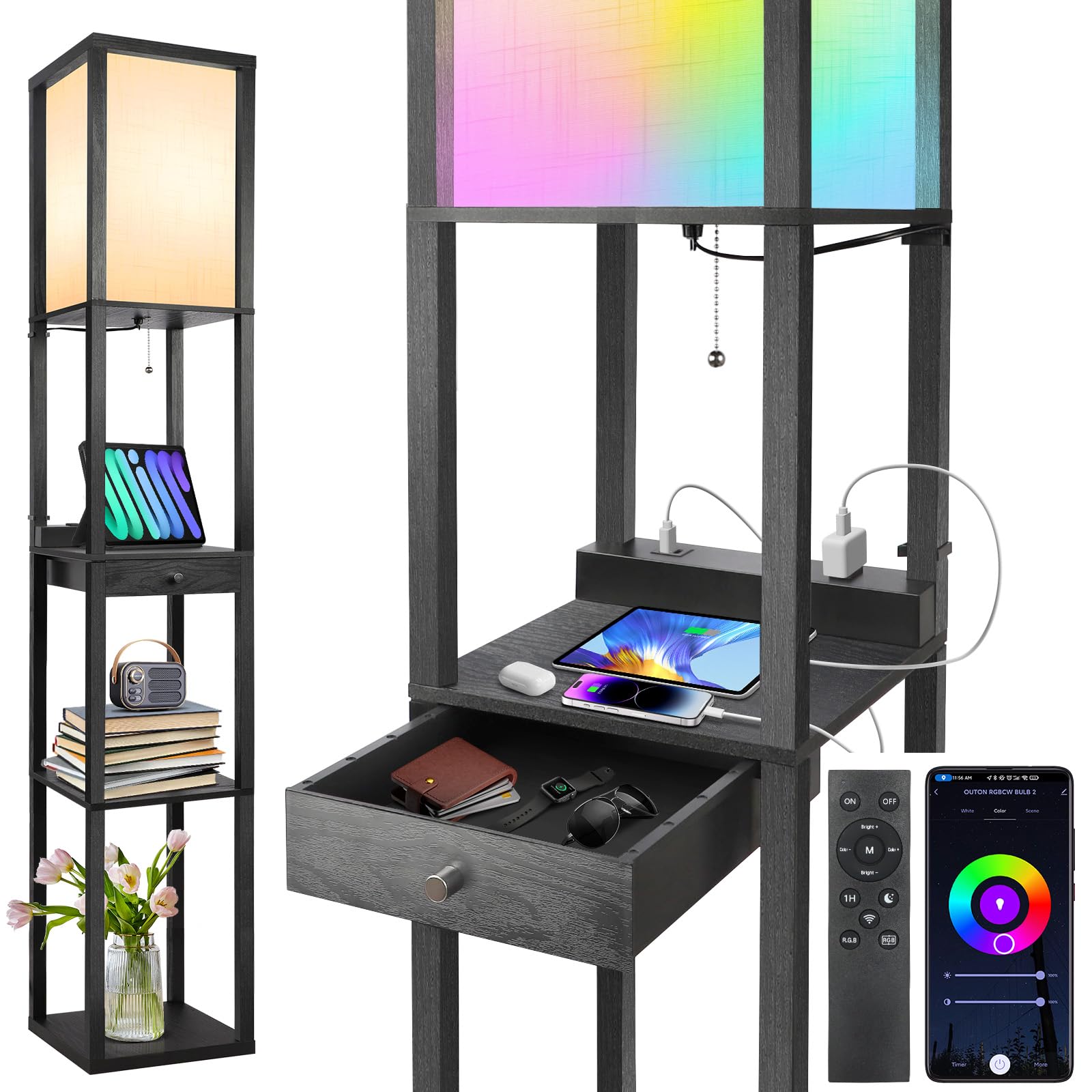 OUTON Floor Lamp with Shelves, 1 Drawer, 2 USB-C Ports, 2 AC Outlets, LED, Wood, Black