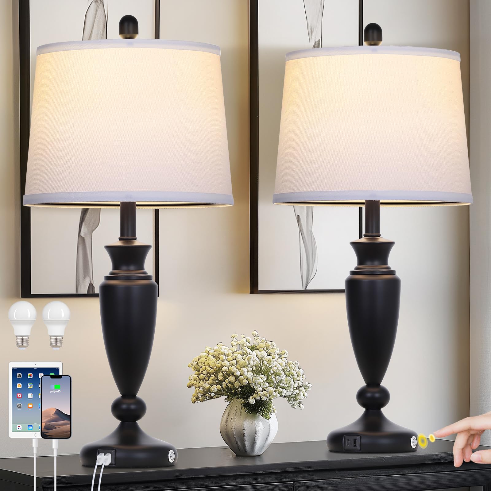 Rinweey 27'' Black Table Lamps Set of 2, 3 Way Touch Control Living Room Lamps with USB A+C Ports, Modern Bedside Lamps, Elegant