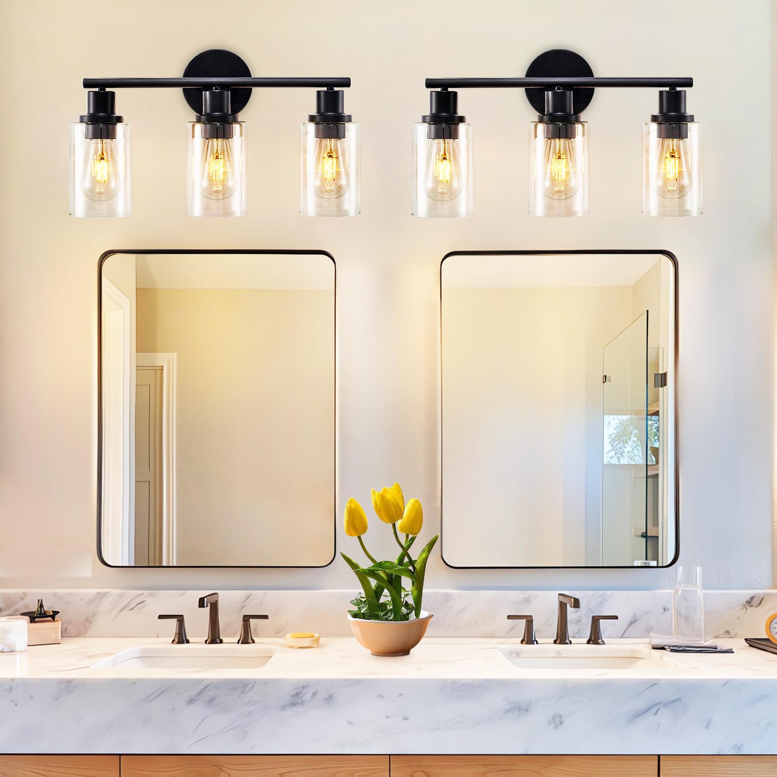 DINGLILIGHTING DLLT 3-Light Bathroom Light Fixtures - Matte Black Metal with Clear Glass Shade - 2 Packs