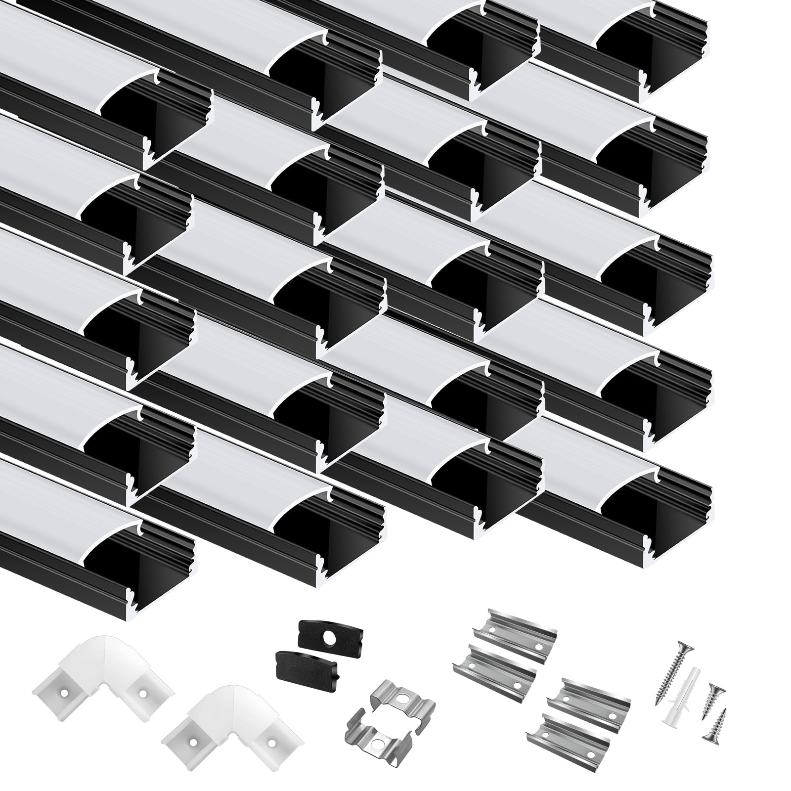20-Pack 6.6ft/2Meter U Shape Black LED Aluminum Channel System with Milky Cover, End Caps and Mounting Clips, Aluminum Channel P