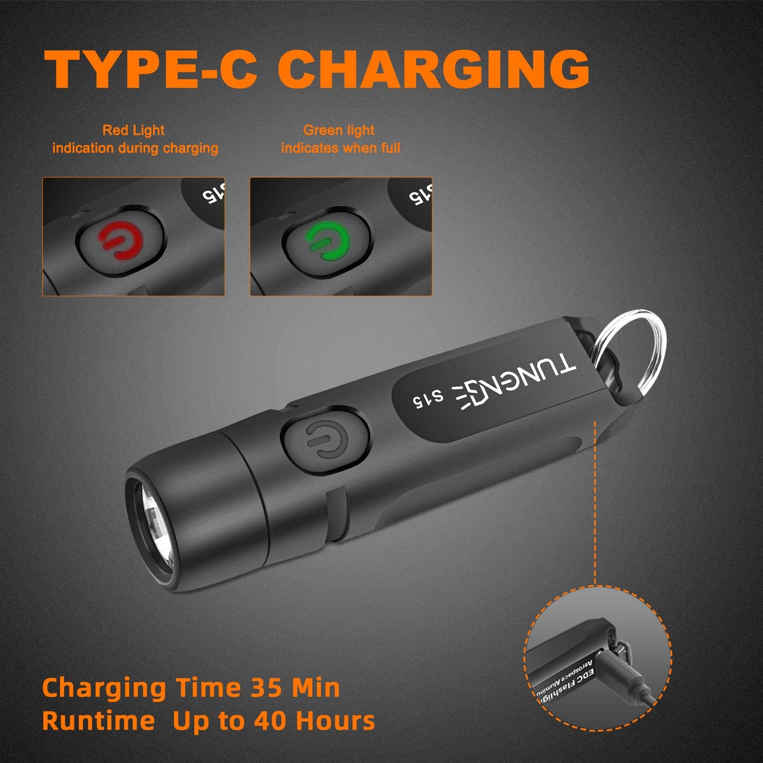 TUNENGE Rechargeable Keychain Flashlight - 650 Lumens Mini EDC, Small, Black, Model S15-Black for Camping & Emergencies