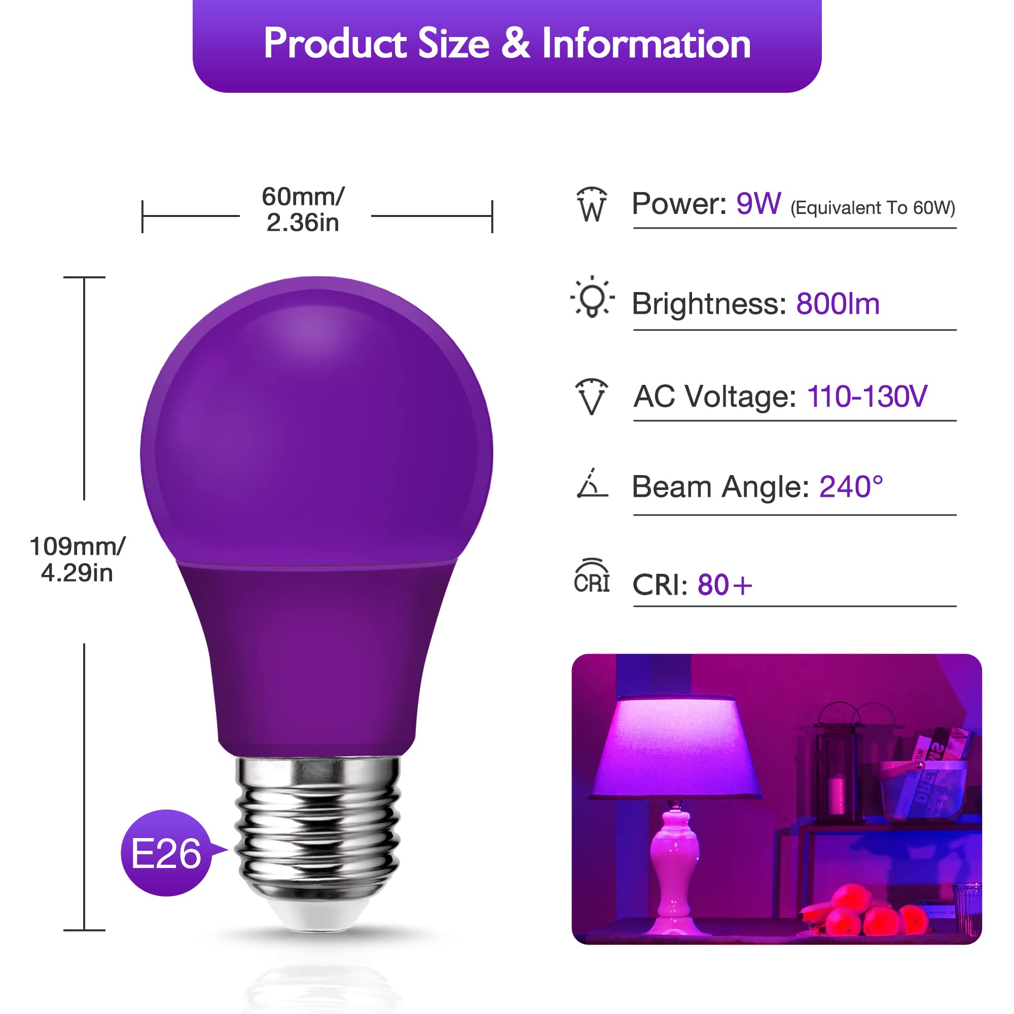 Flaspar 4 Pack Halloween Light Bulb  Led A19 Orange Purple Light Bulbs  Led Orange Light 9W (60W Equivalent) E26 Base Colored Light Bulbs For Halloween Party Decoration  Holiday Lighting Non-Dimmable