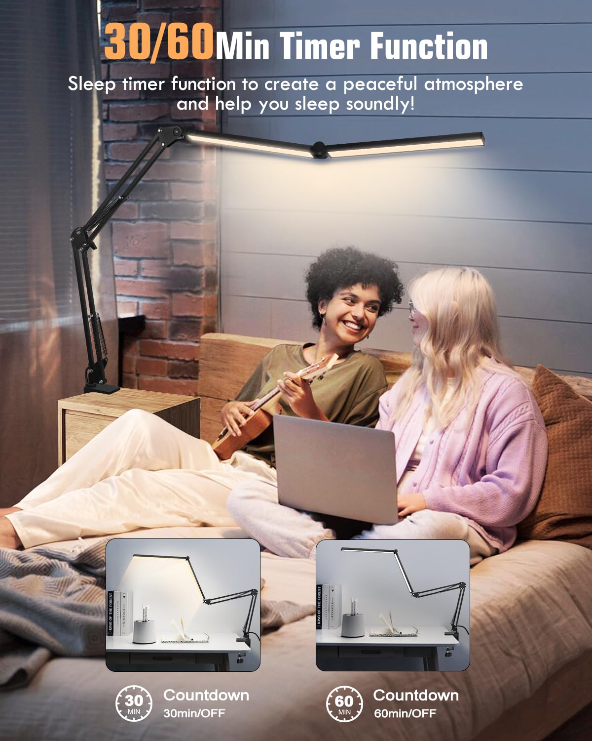 Toolour Led Desk Lamp, 2-In-1 Double Head, Dimmable, Clamp Base, Remote Control, Black