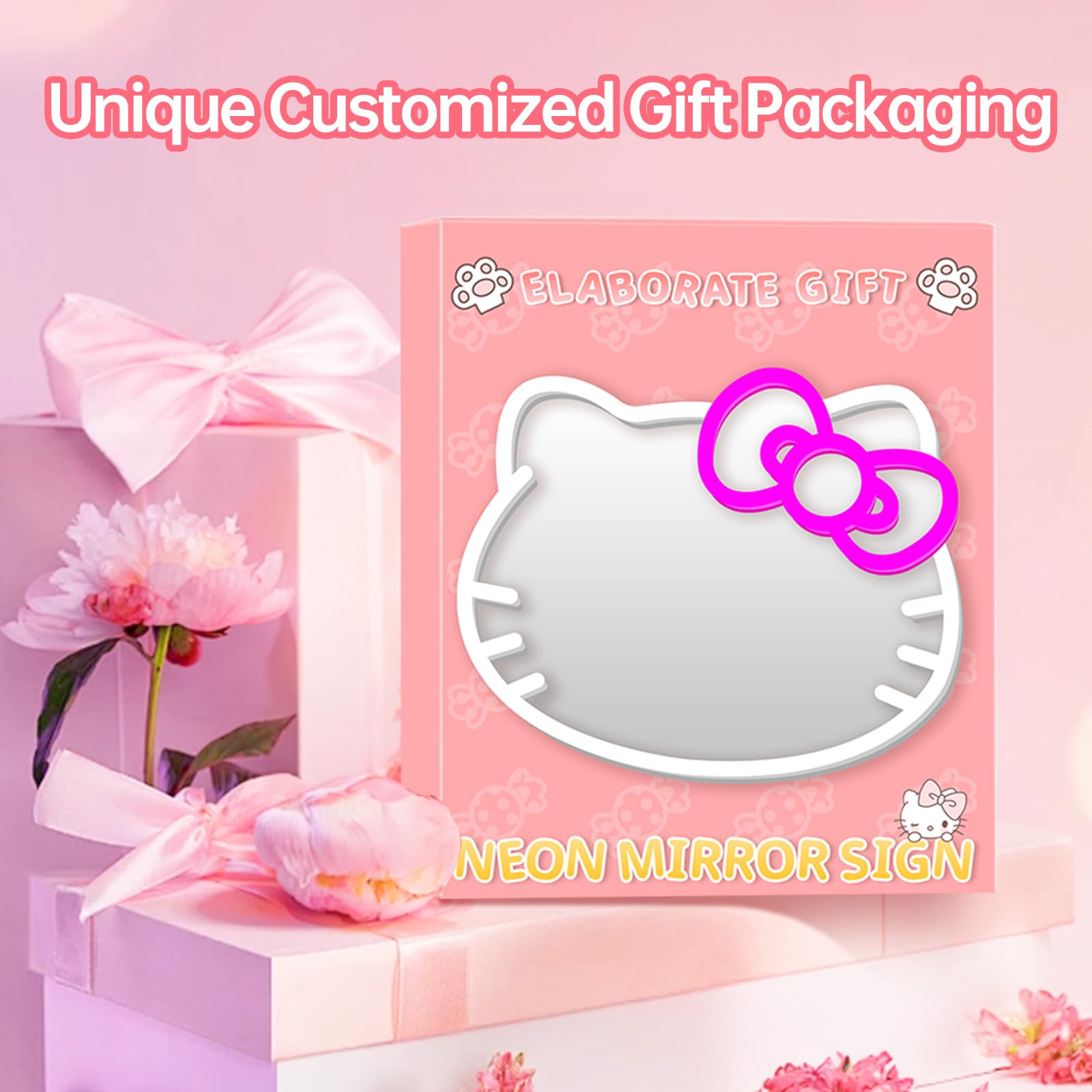 Anime Hello Kit Mirror with light Neon signs for Wall Decor, Neon Mirror with Dimmable for teen girl gift,makeup Mirror neon sig