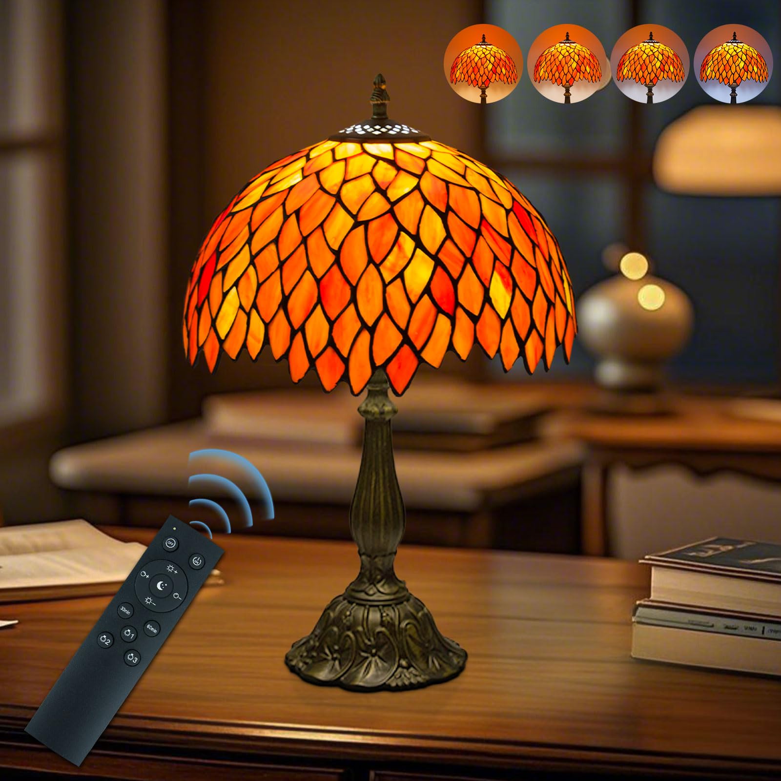 Crefotu 12 Inch Tiffany Table Lamp with Remote Control, Stepless Dimmable, Glass, Orange, Model CFLPUS-004