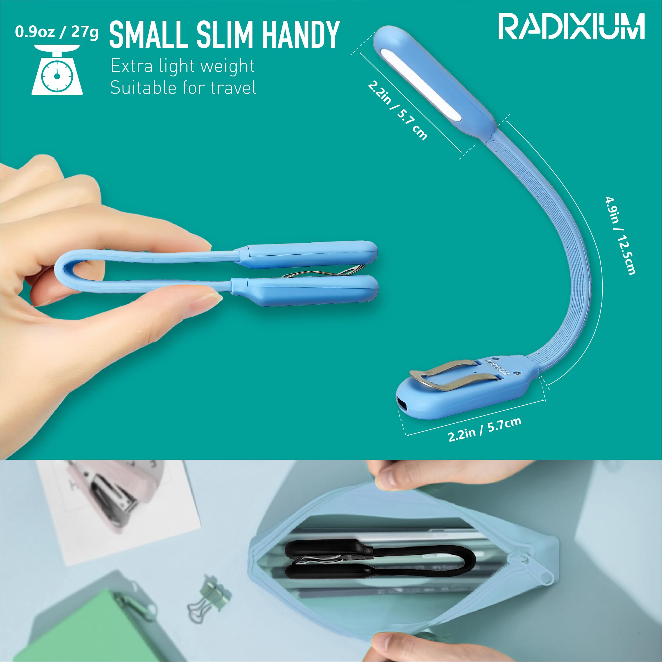 Radixium Slim Rechargeable Book Reading Light  Eye Caring Led With 4 Color Temperatures  Portable Clip On Book Light For Reading In Bed & Travelling. Prefect Elegant White Gift For Book Lover.(Blue)