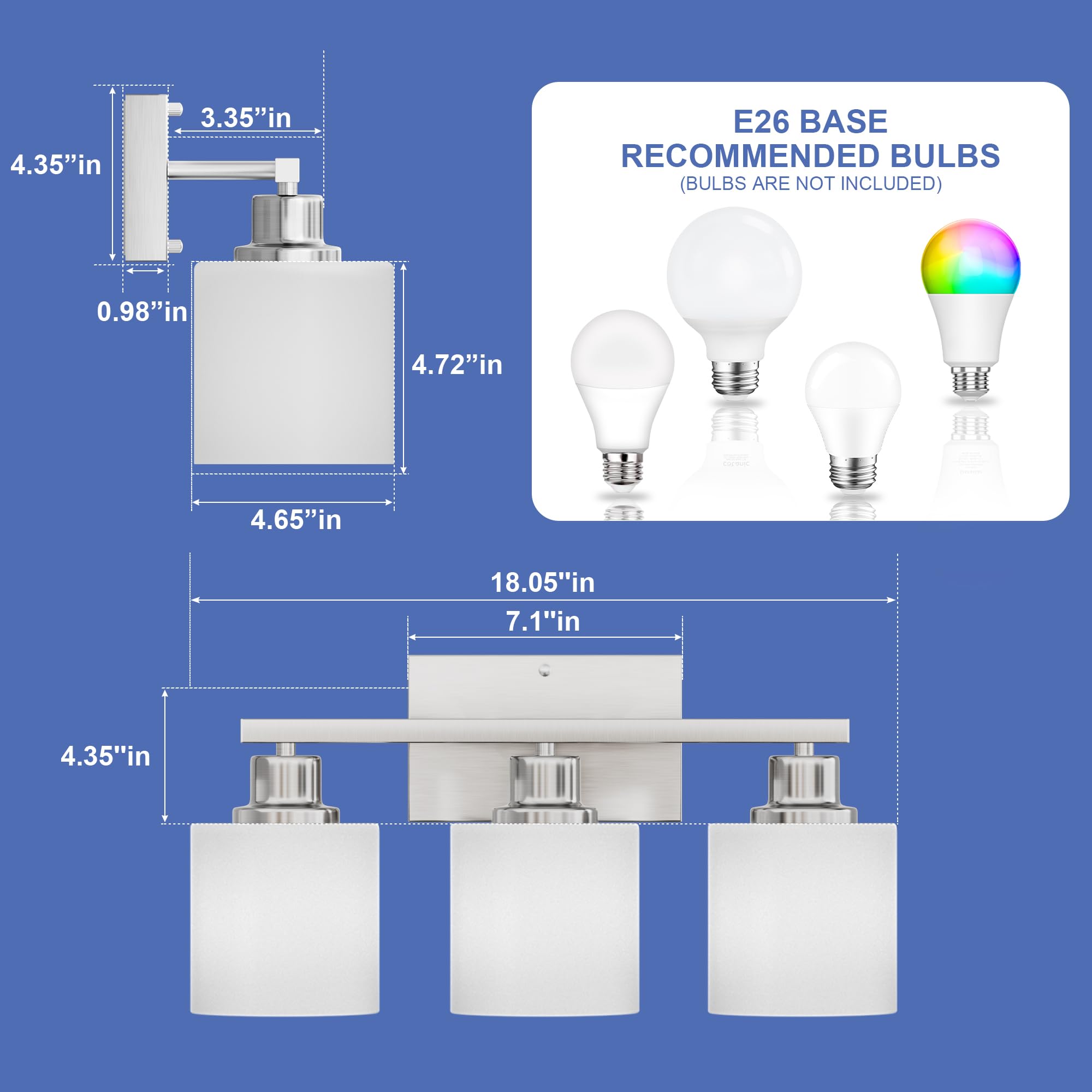 Dekang 3-Light Bathroom Vanity Light, Brushed Nickel Over Mirror Sconce With White Glass Shades