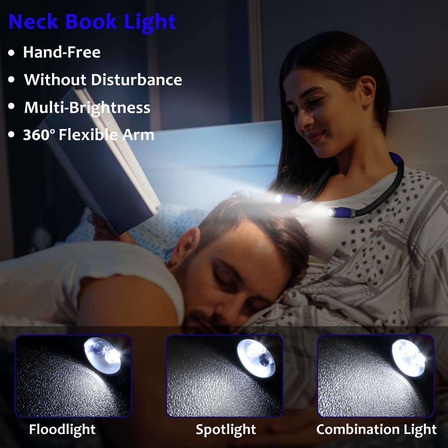 LUXJET Book Light - USB Rechargeable, Adjustable Brightness, 360° Flexible Arm, Cold White Light, Dark Blue, Model LXJ-Book Lights