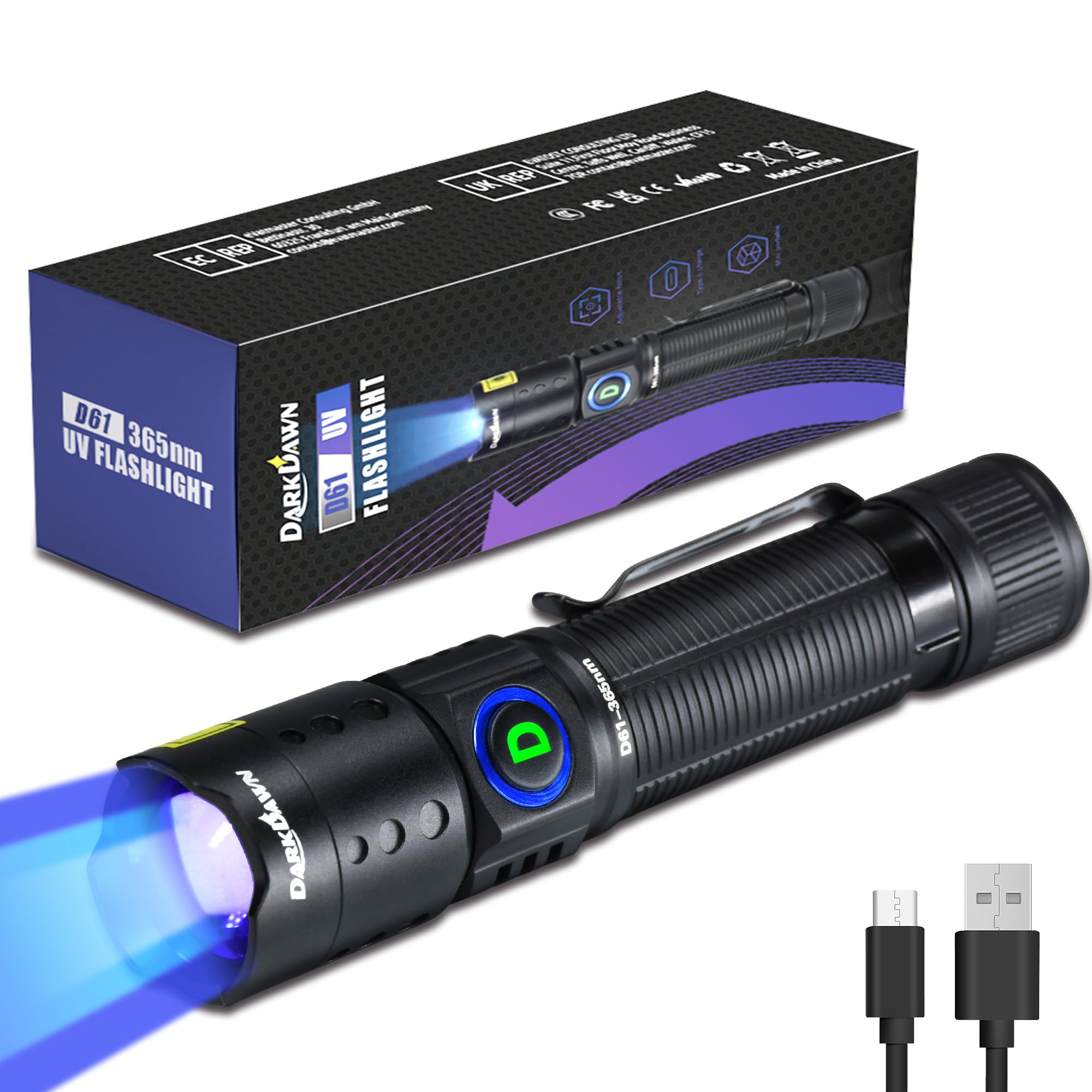 Darkdawn Uv 365Nm Flashlight - Mini Usb Rechargeable Blacklight For Pet Stains & Resin Curing