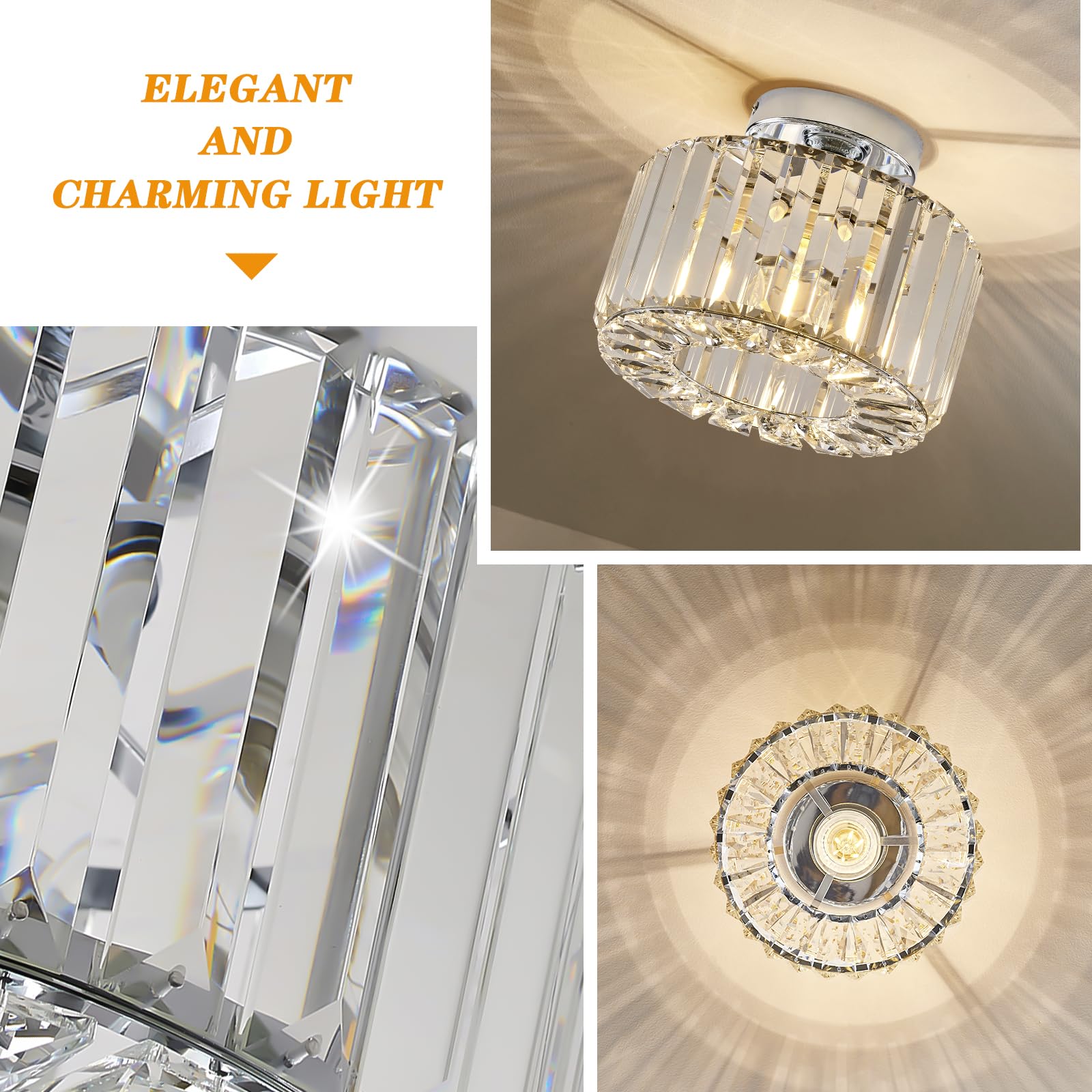 Buxvrcs Silver Crystal Chandelier - Modern Semi Flush Mount Ceiling Light Fixture For Kitchen, Bedroom, Living Room & More (Silv