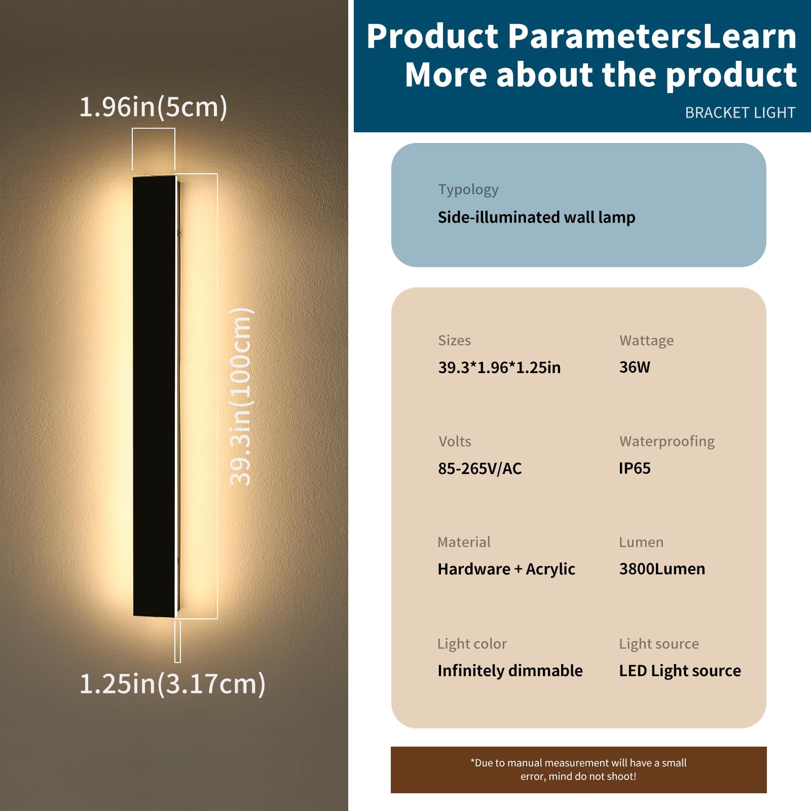 Daoseolo 39inch Modern Outdoor Wall Light, Dimmable LED Sconce, IP65 Waterproof, Black, Model CB-TG-39IN, with Remote Control