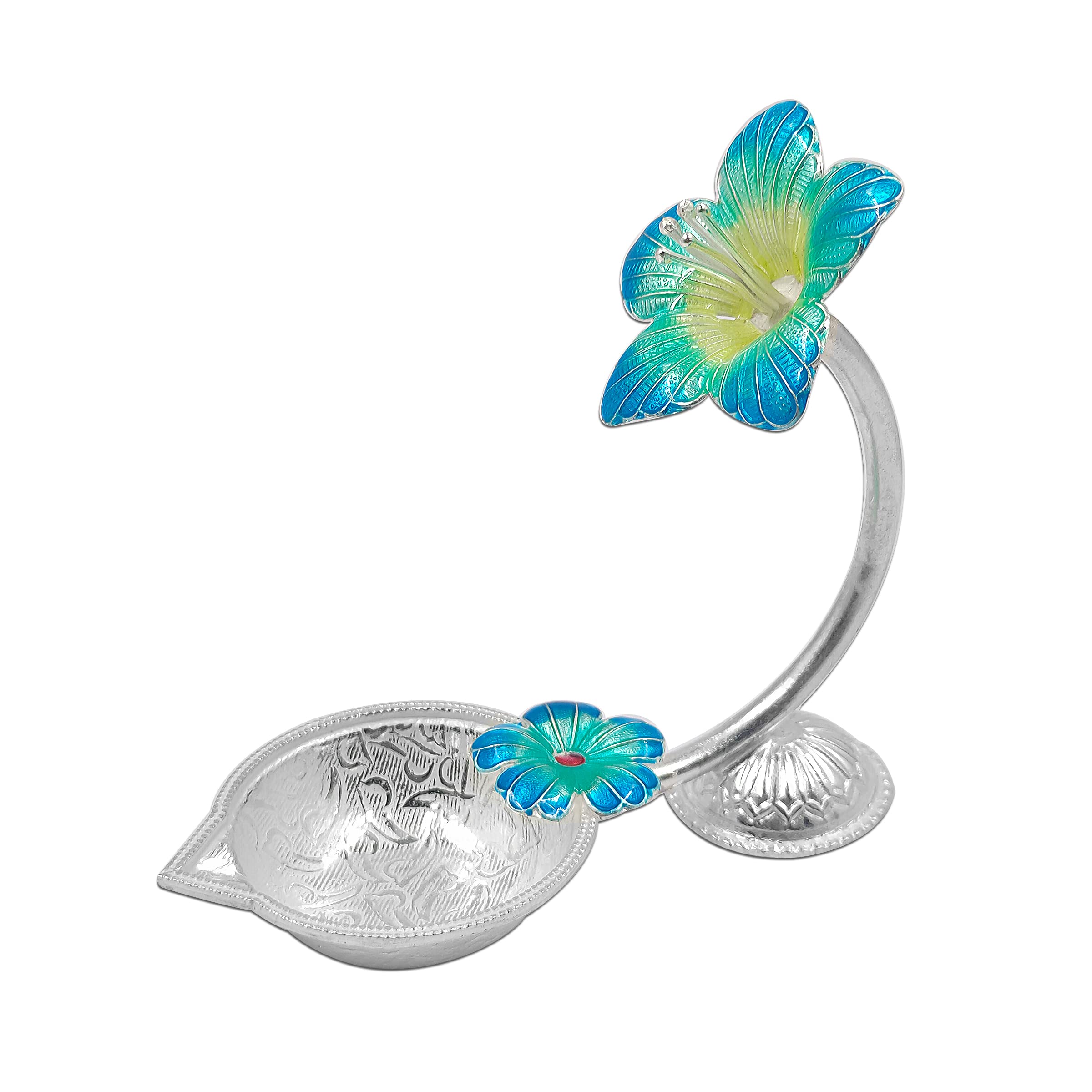 MAA SILVER Pure Silver Diya/Lamp/Deepak with Blue Hibiscus/Jaswanti Flower Design Perfect for Gift and Pooja Use (65 Purity)(35