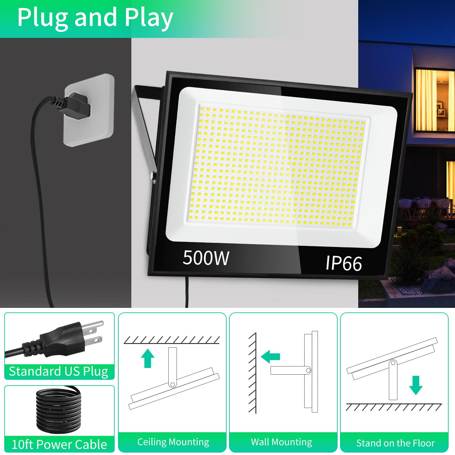 ISUERFY 500W LED Flood Light Outdoor, 60000LM, IP66 Waterproof, 5000K, Black, 2 Pack, Model SUER-FL500W-5000