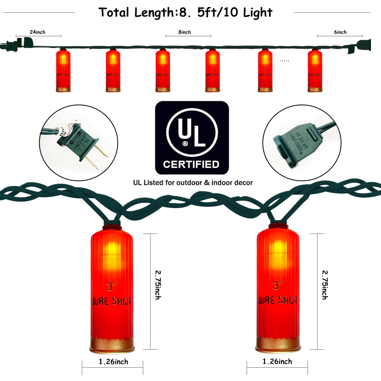 8.5Ft Red Shotgun Shell Christmas String Lights With 10 Led Bullet Shell Lights, Connectable Outdoor Military Style Bullet Light