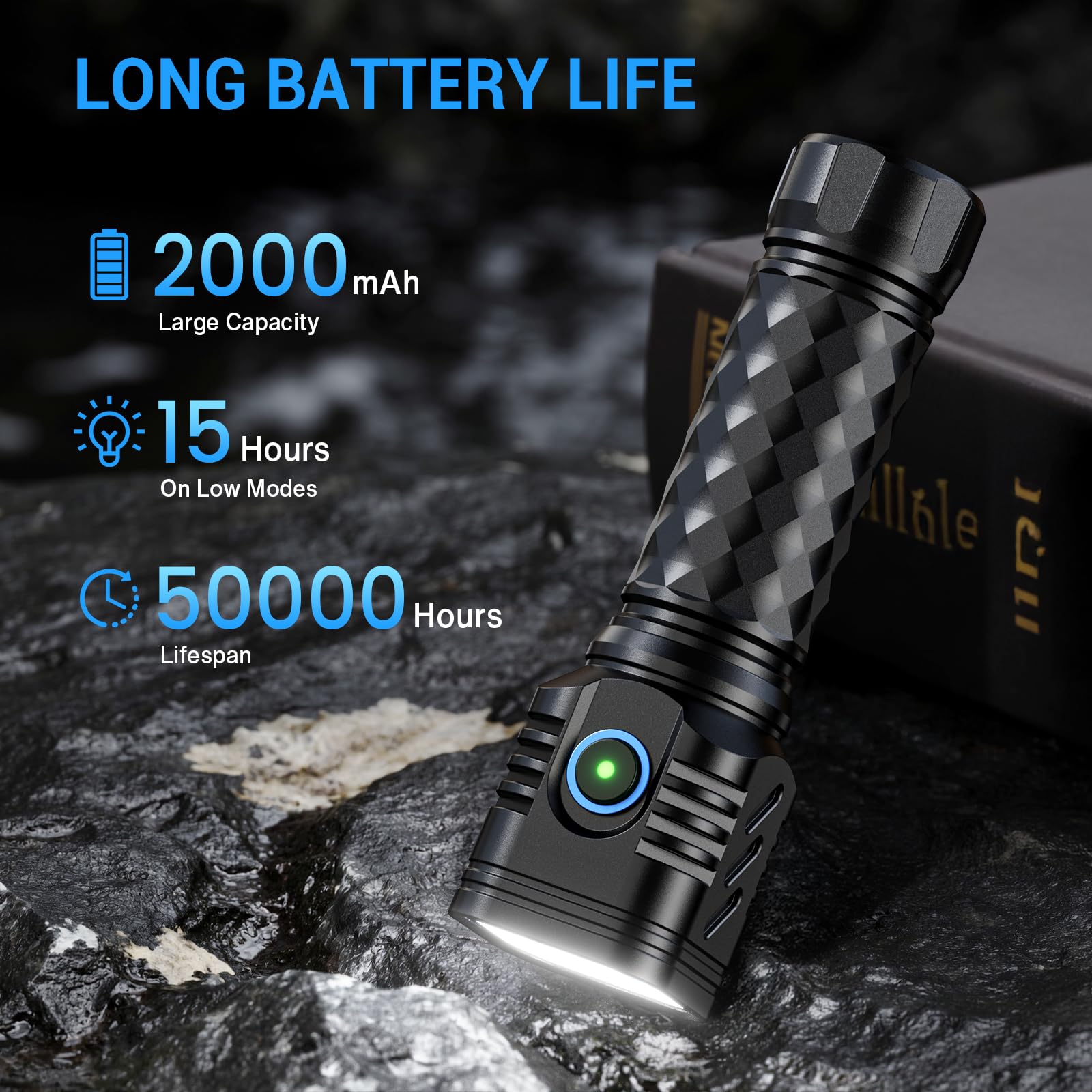 WdtPro Rechargeable Metal Flashlight EX4, 4 LEDs, Waterproof, Black, 1 Pack - Super Bright for Camping, Hiking, Emergency Use
