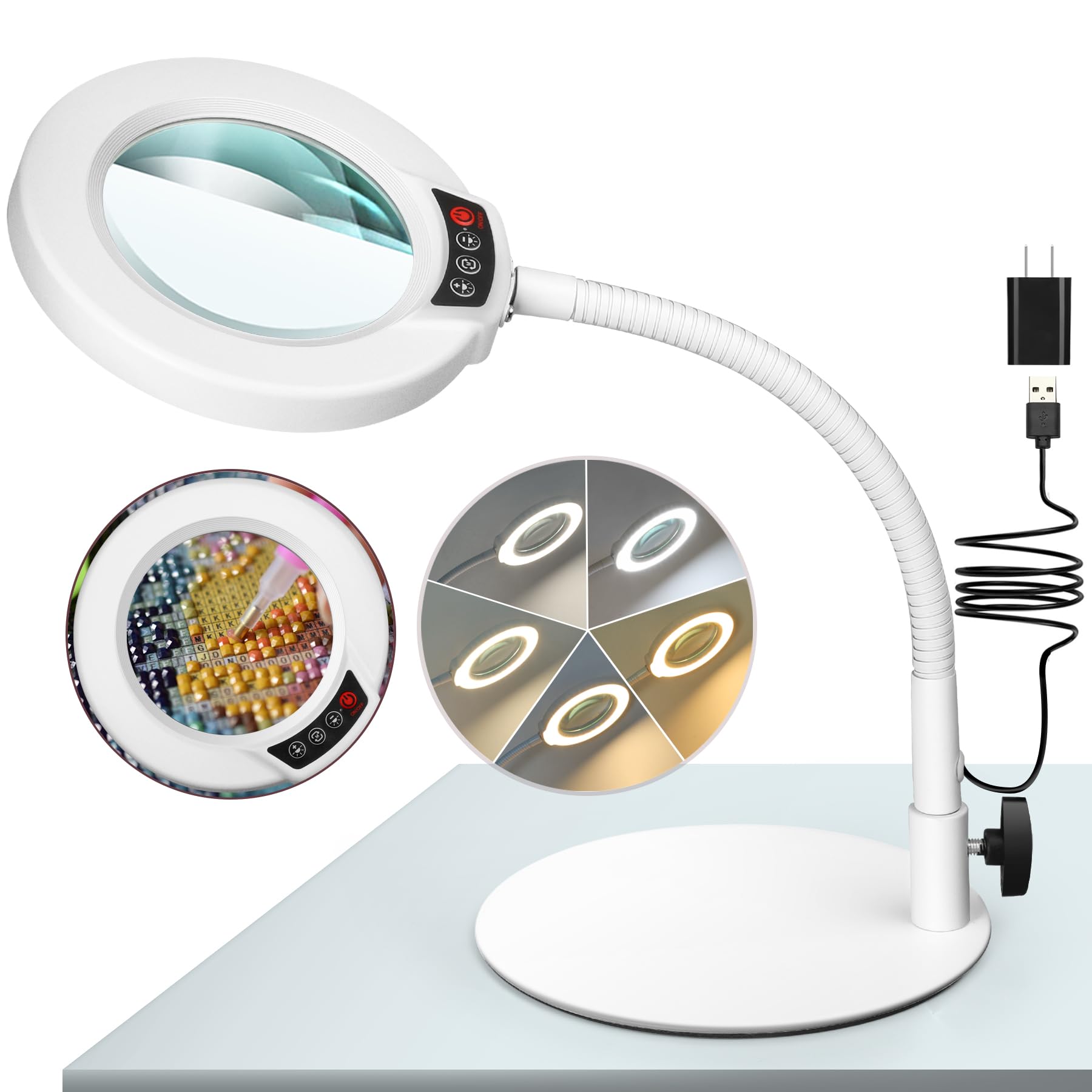 Krstlv 10X Magnifying Glass with LED Light, Flexible Gooseneck, Metal Stand, White, Model EG9WH