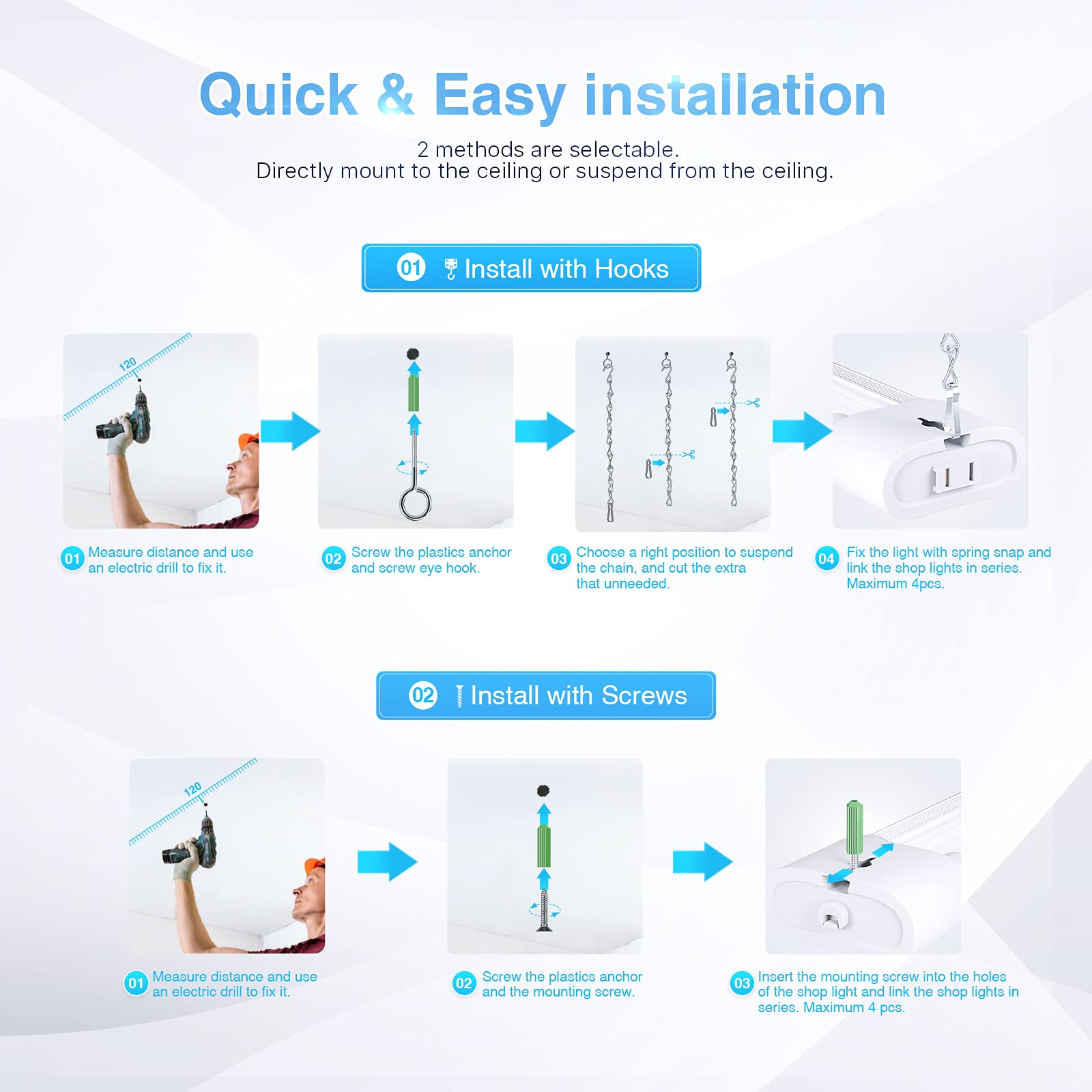 Ensenior 4ft Linkable LED Shop Light, 4400 Lumens, 36W Equivalent, 10 Pack, White, Model LSL-WH-10PACK, ETL Certified