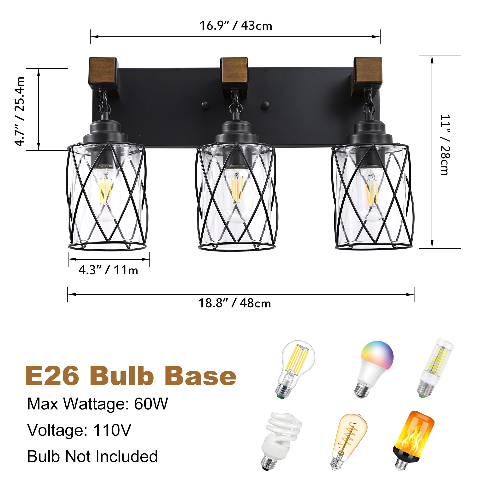 CmnVmn Farmhouse 3-Light Bathroom Vanity Light, Black Wood & Glass Sconces, Model C5009