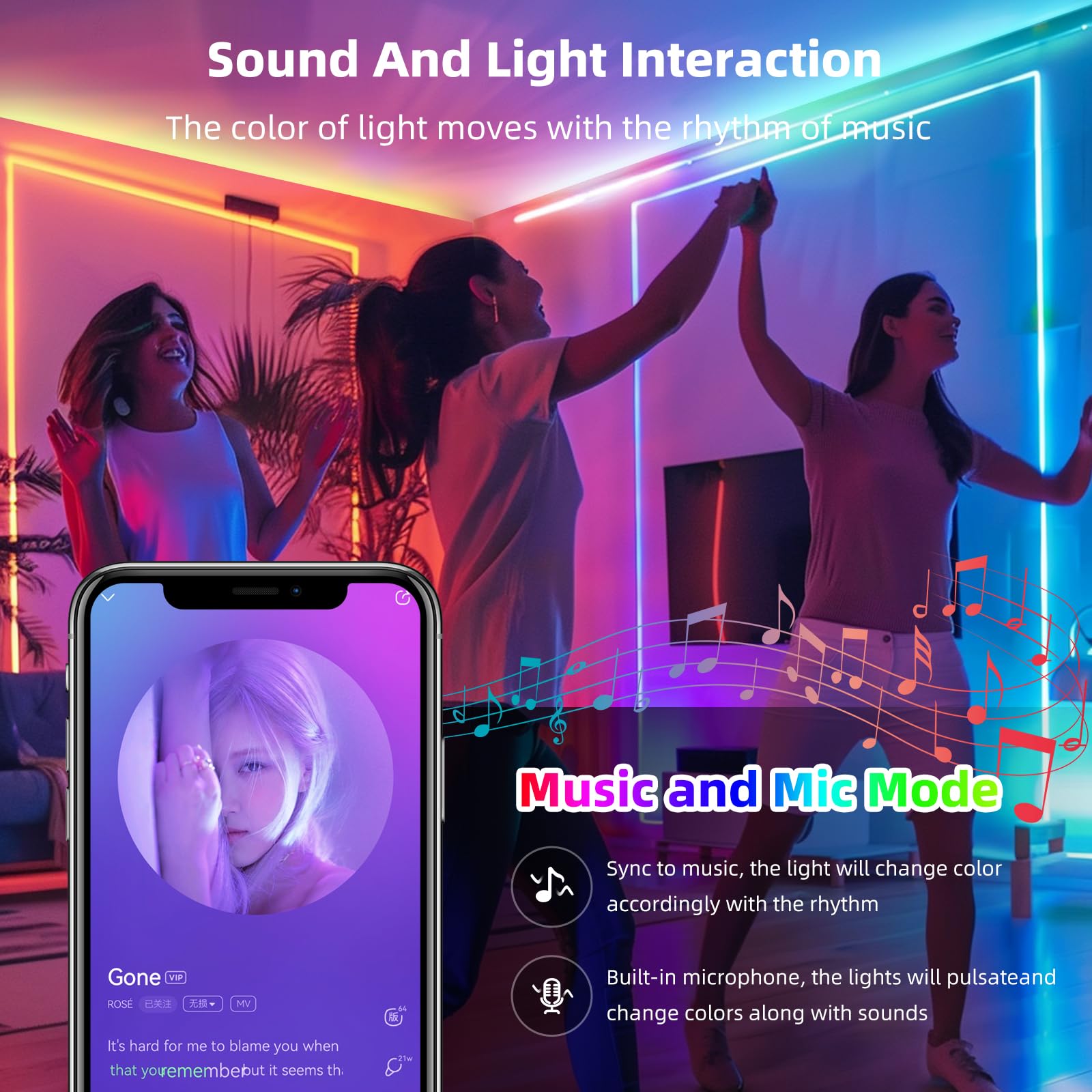 Led Strip Lights For Bedrooms 130 Ft (2 Rolls 65.5 Ft),Music Synchronous Color Changing Rgb Led Light, Bluetooth Light With Remo