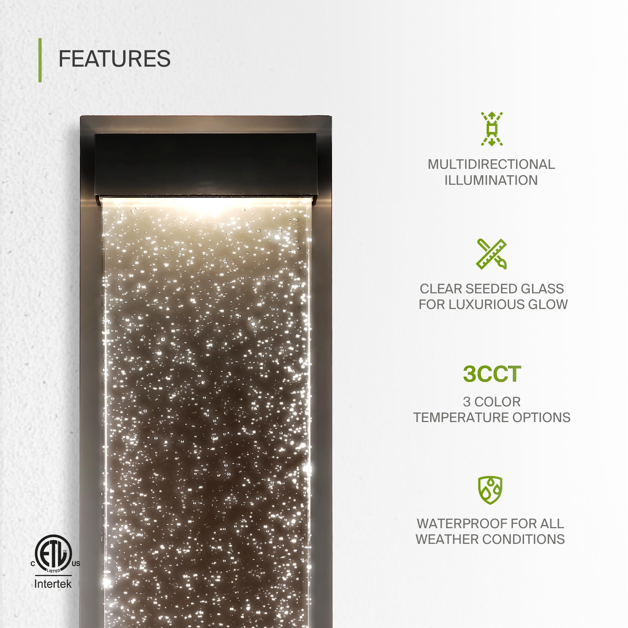 ASD LED Wall Light Fixture, 24 Inch, Dimmable, Waterproof, 3CCT, Black, Model A-LWS28SM24D22CCB
