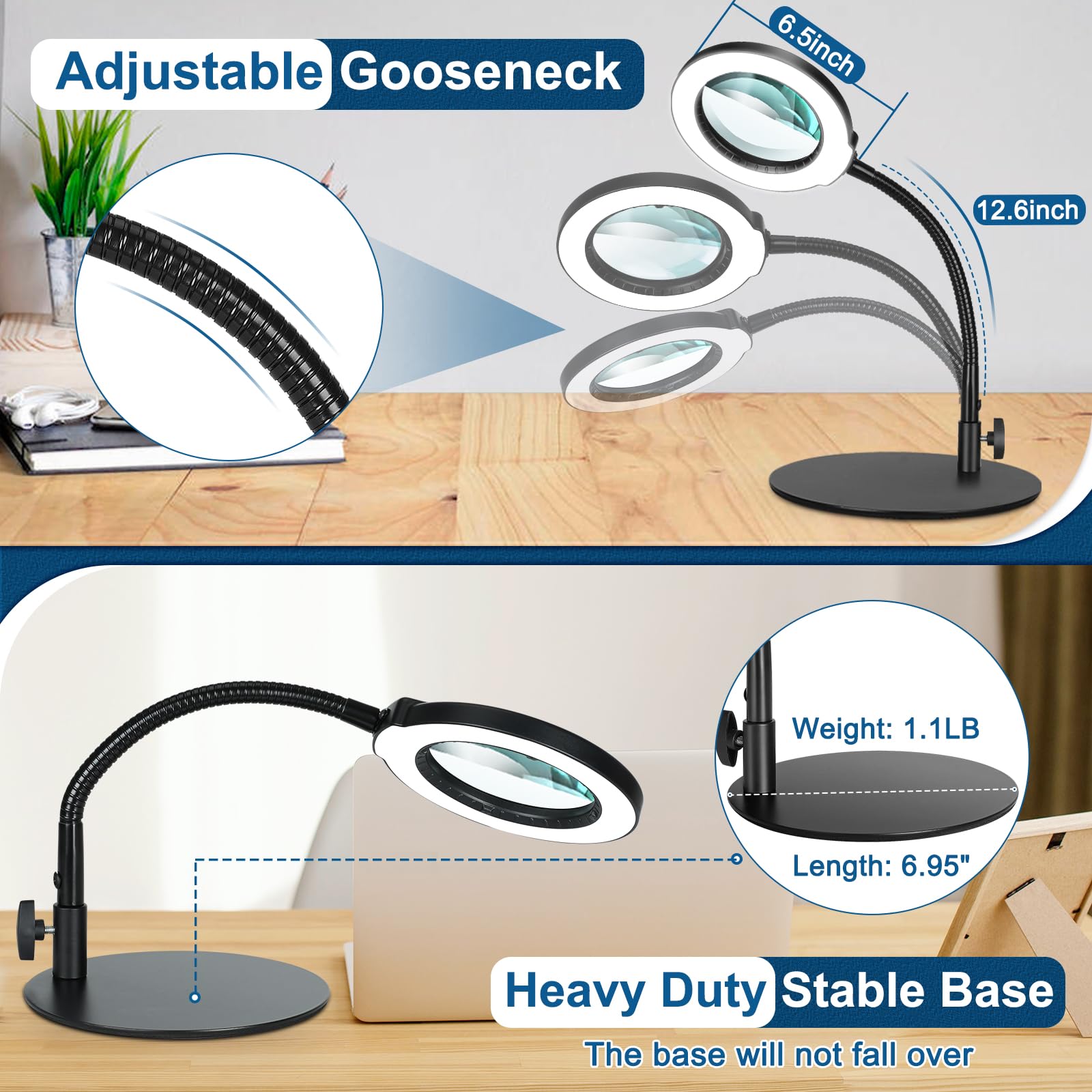 IVMAIE 10X Magnifying Glass with Light, Dimmable LED Desk Lamp, Gooseneck Stand, Black, Real Glass, Ideal for Crafts & Reading