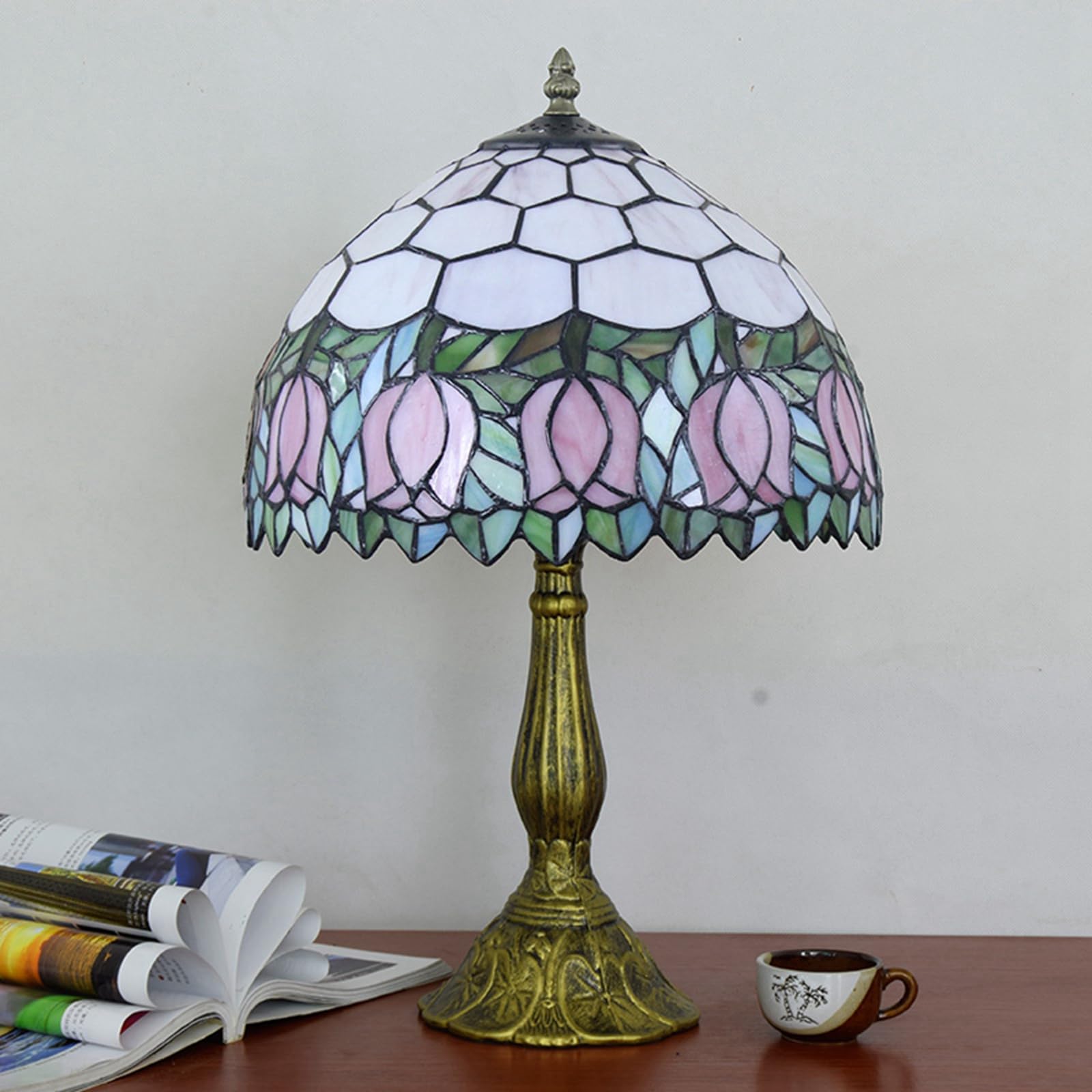 Blivuself Tiffany Lamp Stained Glass Lamp Pink Tulip Bedroom Table Lamp Reading Desk Light For Bedside Living Room Office Dormit