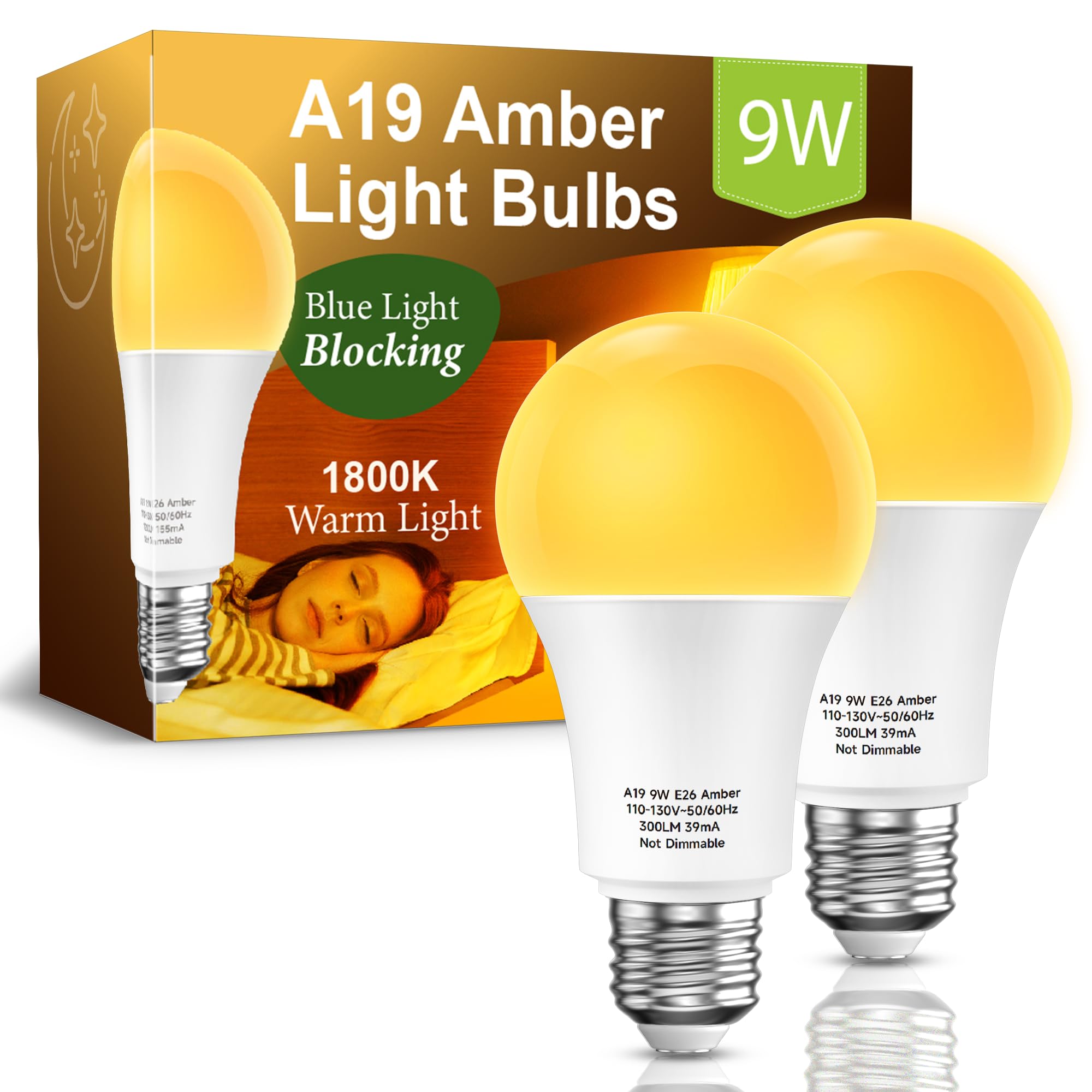 Eastiya Amber Light Bulbs For Sleep: 9W Amber Warm 1800K, Blue Blocking Dim Bulbs 60W Equivalent, E26 Bulb For Mood Soothing, Be