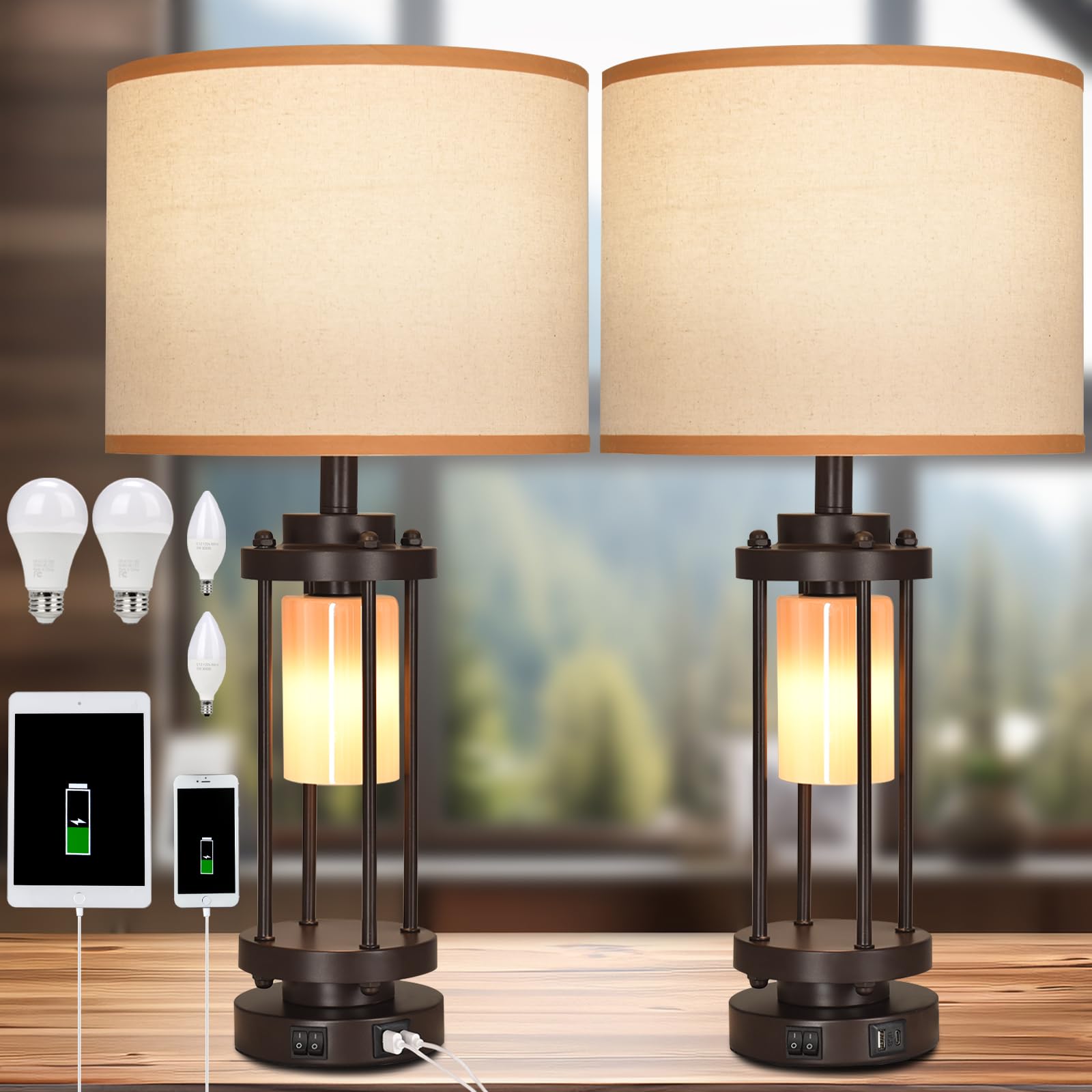 Table Lamps for Living Room, 27'' Tall Lamps Set of 2 with USB C+A Charge Ports, Retro Farmhouse Table Lamp for Night Stands, Ru