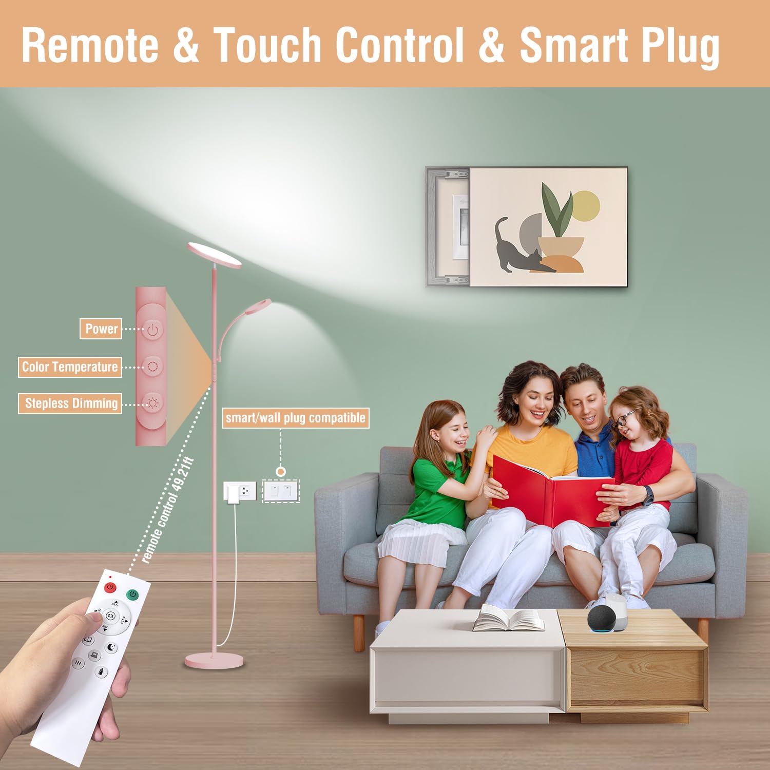 Marctronic Pink Floor Lamp, 42W 4000Lm Super Bright Led Room Lamp With Adjustable Reading Light,Dimmable Modern Standing Lamp Wi