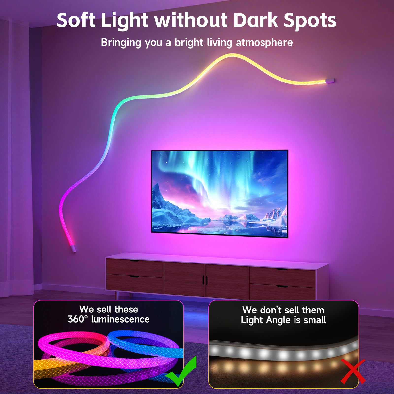 Tyute Led Rope Lights, 9.84Ft Neon Led Lights Strip With 360 Degree Luminous, 5V Usb Flexible Ip67 Waterproof Music Sync Remote