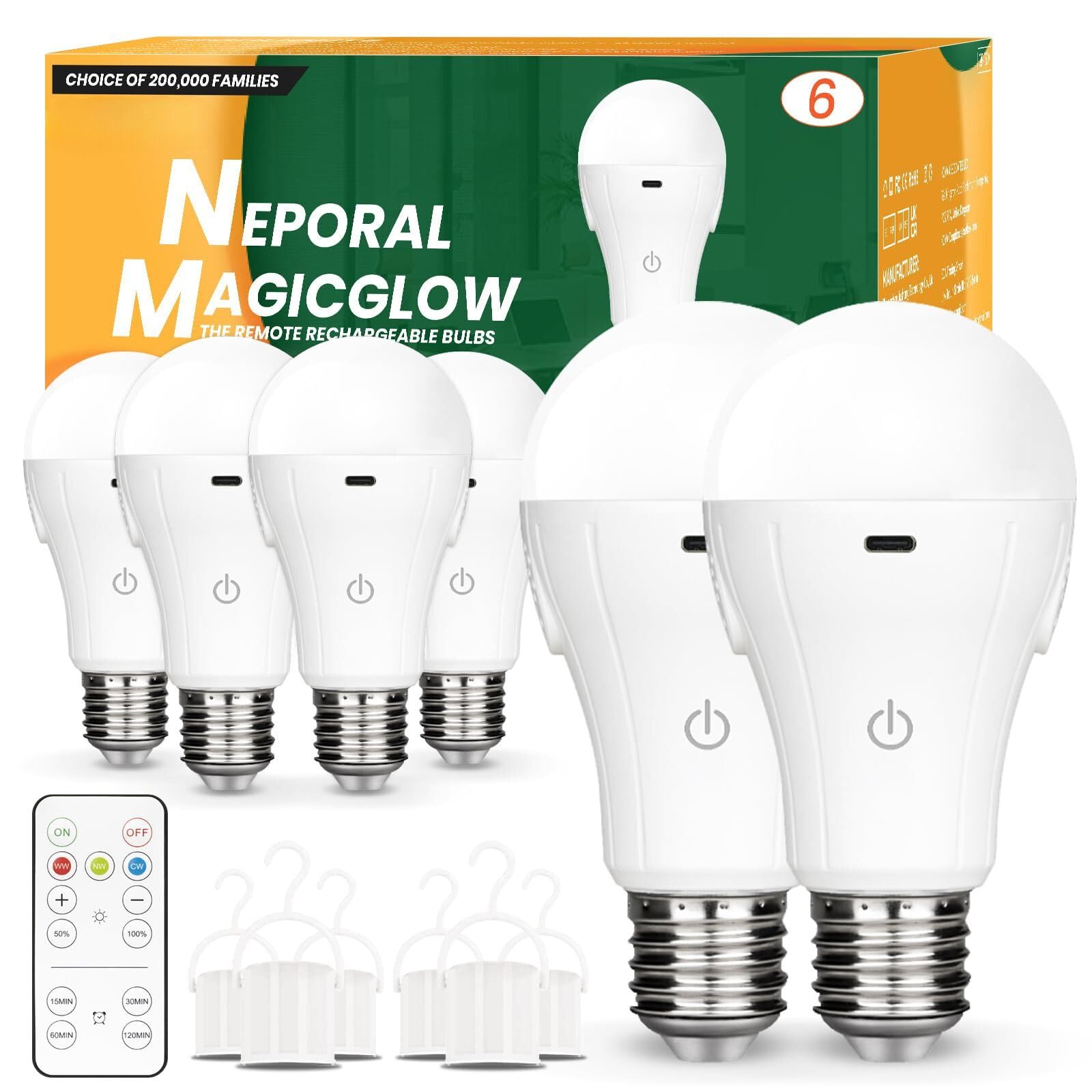 Neporal MagicGlow Rechargeable Light Bulbs with Remote, 3 Colors Shift + Stepless Dimmable Battery Light Bulbs, USB Rechargeable, A19, Up to 24 Hours