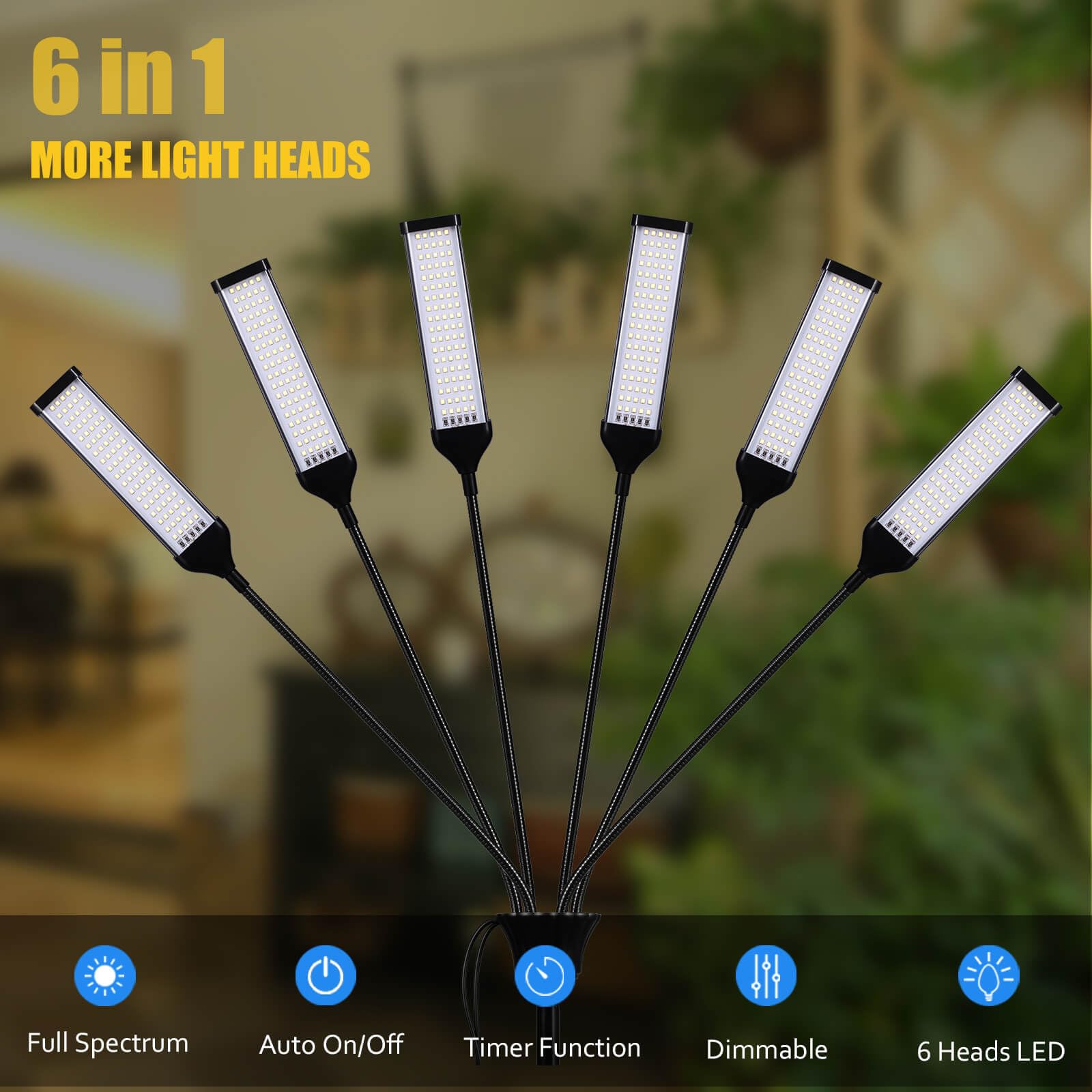 Aukphie Grow Lights For Indoor Plants, Full Spectrum Led Grow Light With Stand, Auto On/Off Timing 3/6/9/12/15/18H & 10 Brightness Levels (6 Heads Light), Er200