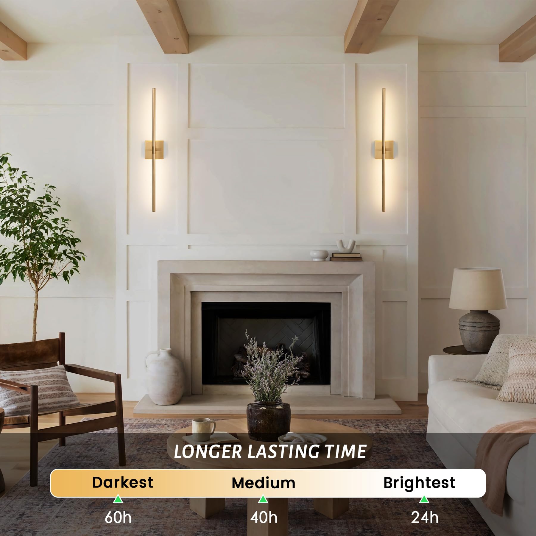 Battery Operated Gold Wall Sconces Set of 2, 30'' Wireless Rechargeable LED Wall Lamps with Remote Control, 3 Color Stepless Dim