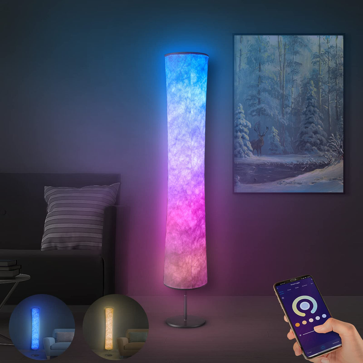 Torchlet Modern Floor Lamp, Rgb Color Changing Led Smart Lamp Alexa App Control With Diy Mode, Music Sync And White Fabric Shade