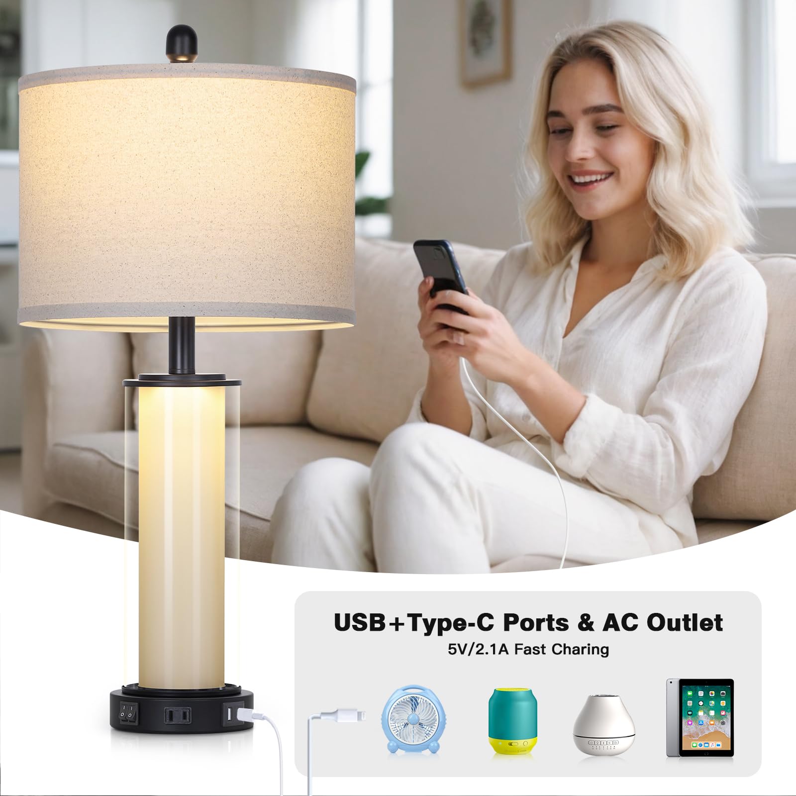 Black Glass Table Lamps Set Of 2, 26'' Living Room Lamp With Built-In Frosted Glass Night Light, Modern Bedroom Lamp With Usb C+