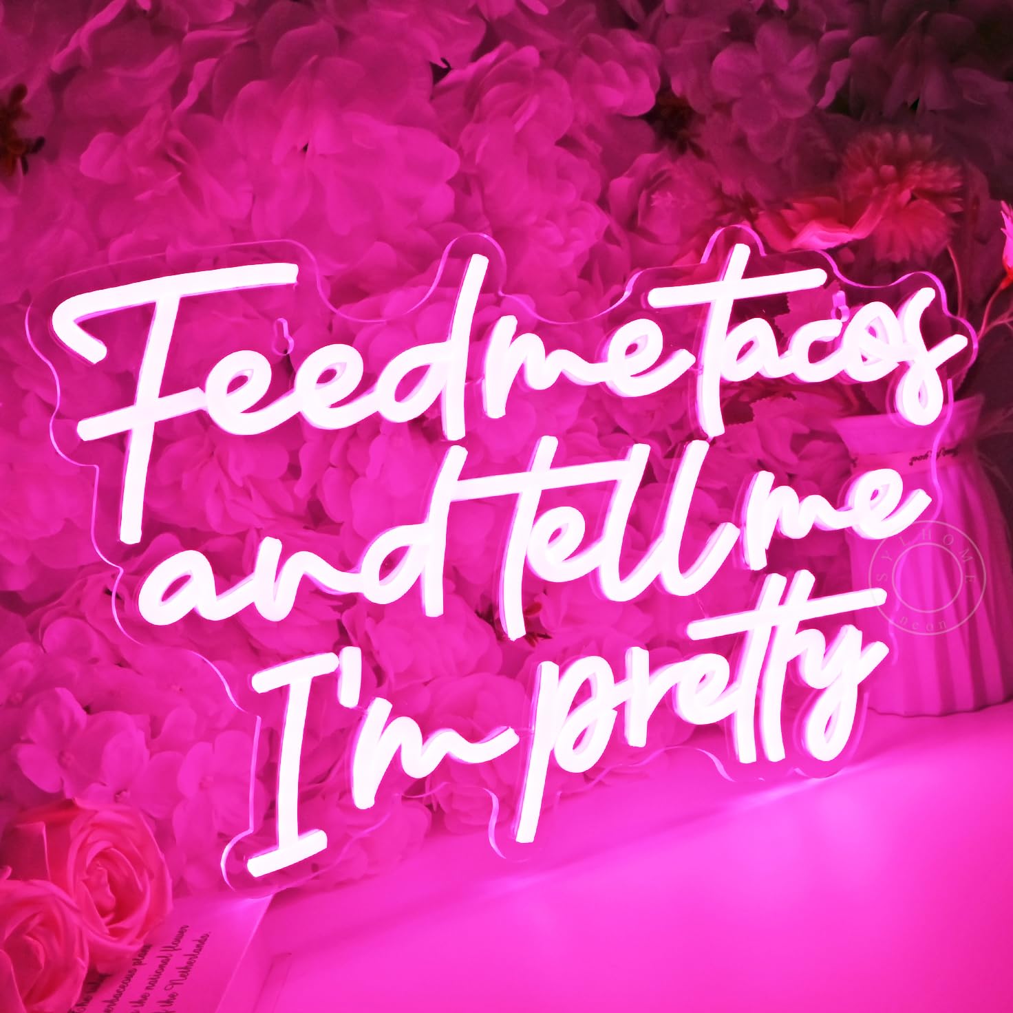SYLHOME Neon Light Sign - Pink Feed Me Tacos, Bedroom Bar Kitchen Decor, USB, 16.93inx10.24in