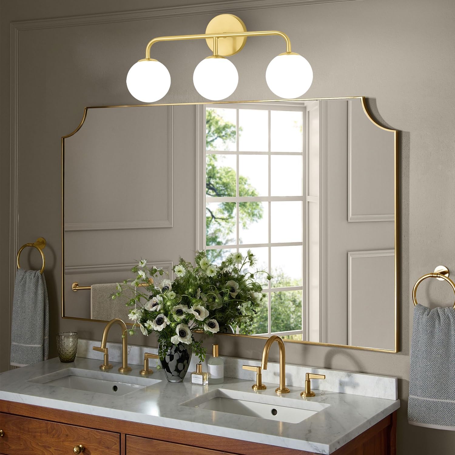 Gold Bathroom Vanity Lights, Mid Century Modern 3-Light Bathroom Lighting Fixtures Over Mirror, Brushed Gold Bathroom Lights Wal