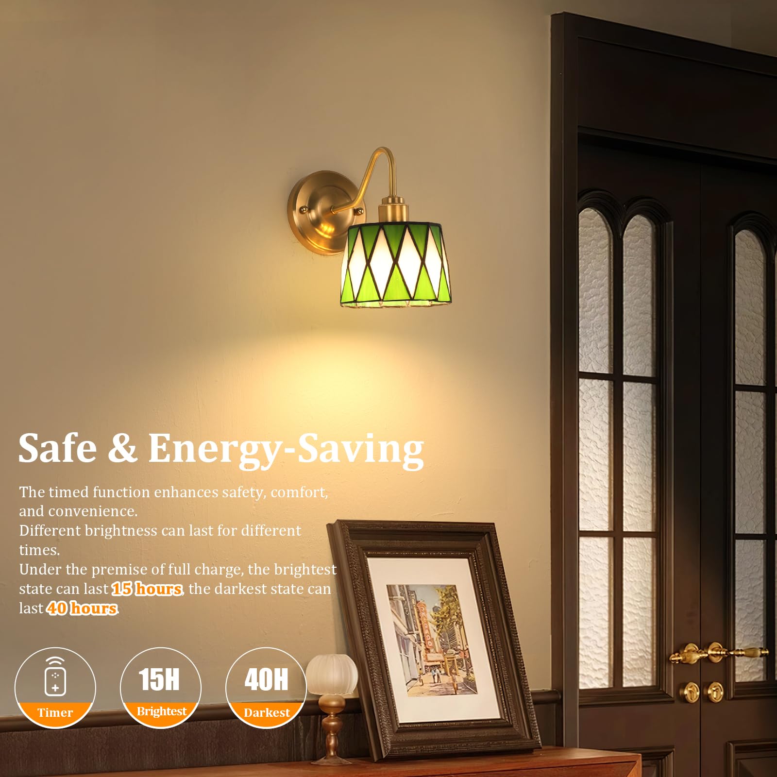 Shenmoyl Vintage Battery Operated Wall Sconce, Dimmable LED Lamp, 1 Light, Green Checker, Model 1-93330-wlamp