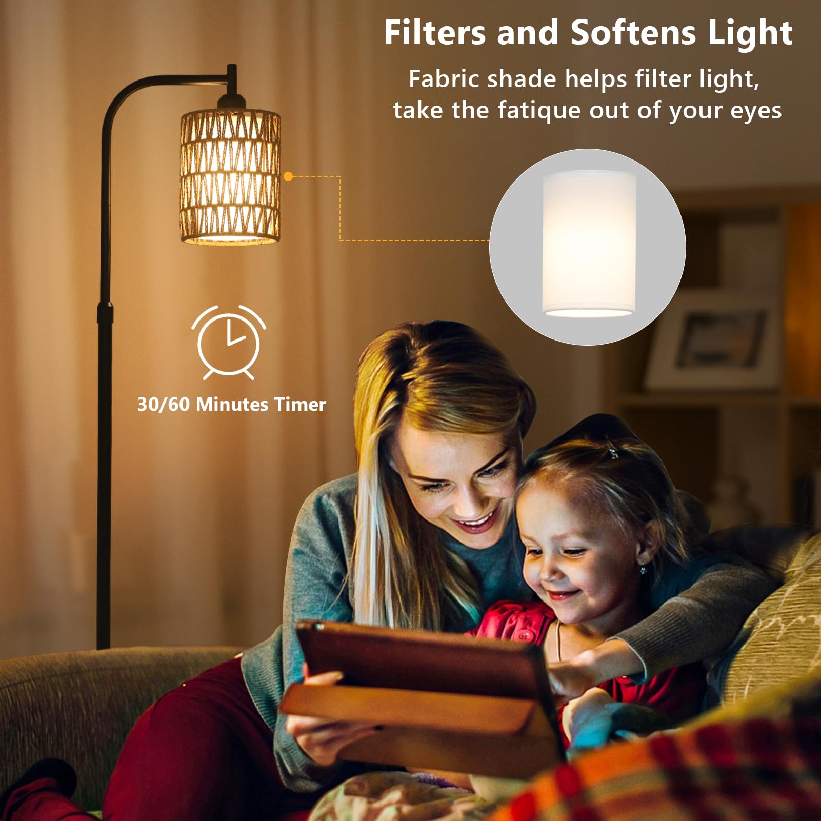 Lamsu Floor Lamp With Remote, Dimmable Rattan Floor Lamp With Led Bulb, Industrial Black Tall Pole Lamp With Rattan & Fabric Sha