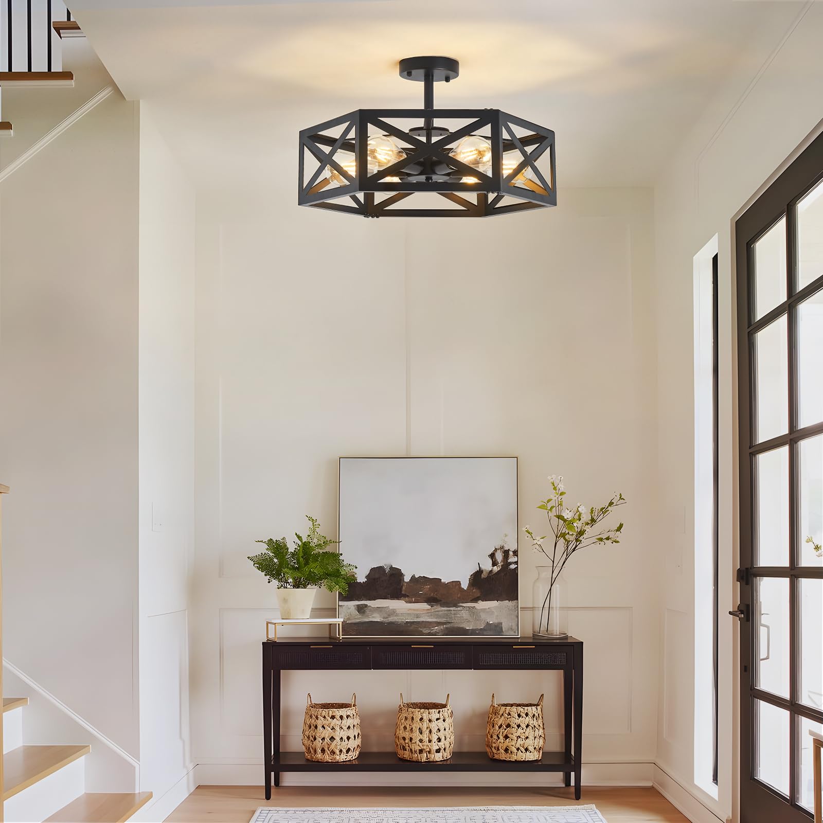 Oteedo Modern Semi Flush Mount Ceiling Light 19.7 6-Light Hexagon Flush Mount Ceiling Lights For Dining Room Light Fixture Farmhouse Black Metal Kitchen Island Lighting Fixtures For Hallway Bathroom