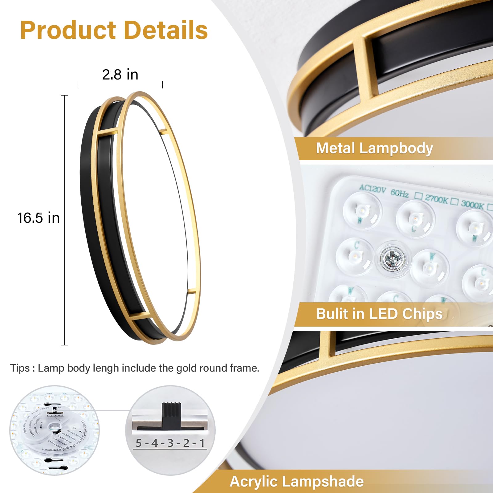 Pevfah Modern Flush Mount Ceiling Light, 5Cct 2700 K-6000 K Dimmable Black And Gold Ceiling Lighting Fixture, Minimalist Round L