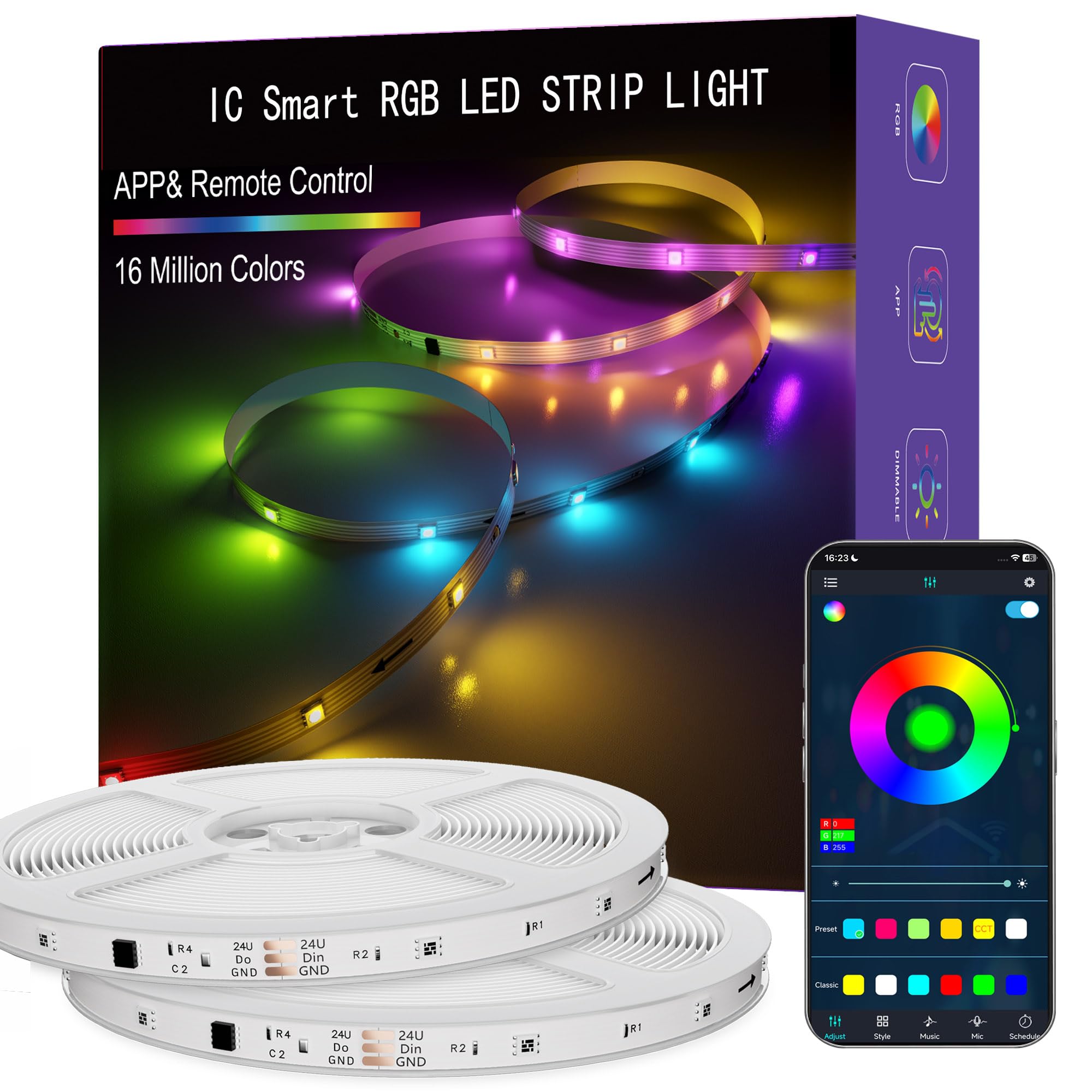 ERBTY IC Smart RGB LED Band Lights  166FT LED Lights for Bedroom  App Control/Remote Control  Music Sync  DIY Design  Rainbow Chasing Effects  Band Lights for Home  Party Decor