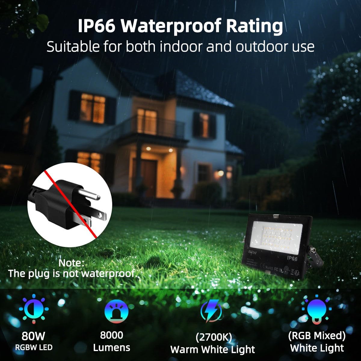 ILC LED Flood Light 80W, 8000LM, RGB Color Changing, IP66 Waterproof, 2 Pack
